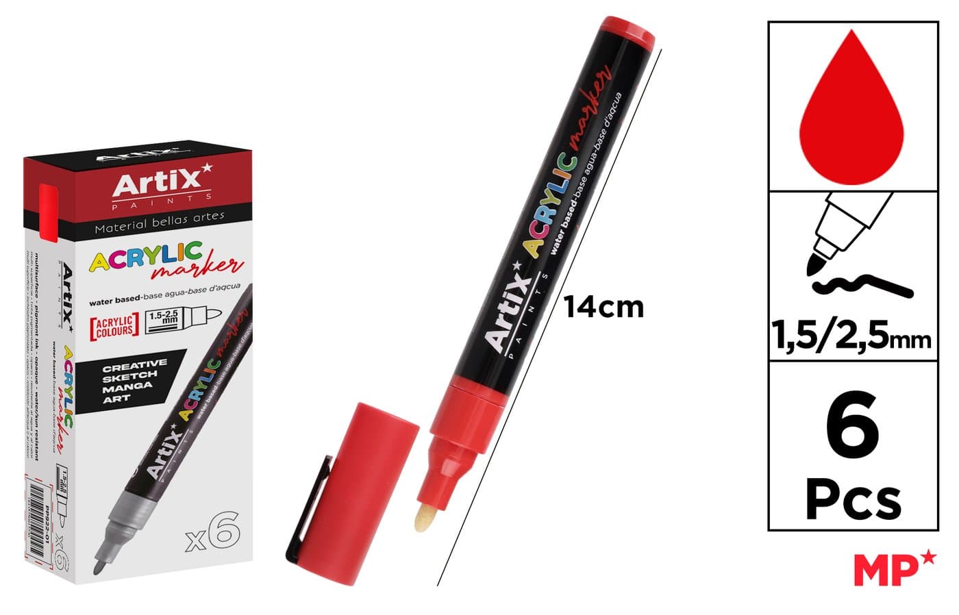 Marker akrylowy czerwony z czarnym plastikowym korpusem