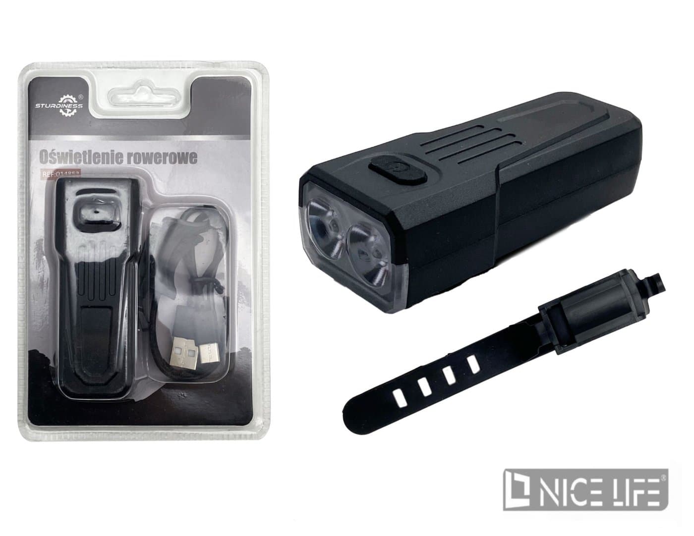 Lampka rowerowa czarna z przewodem USB i paskiem mocującym