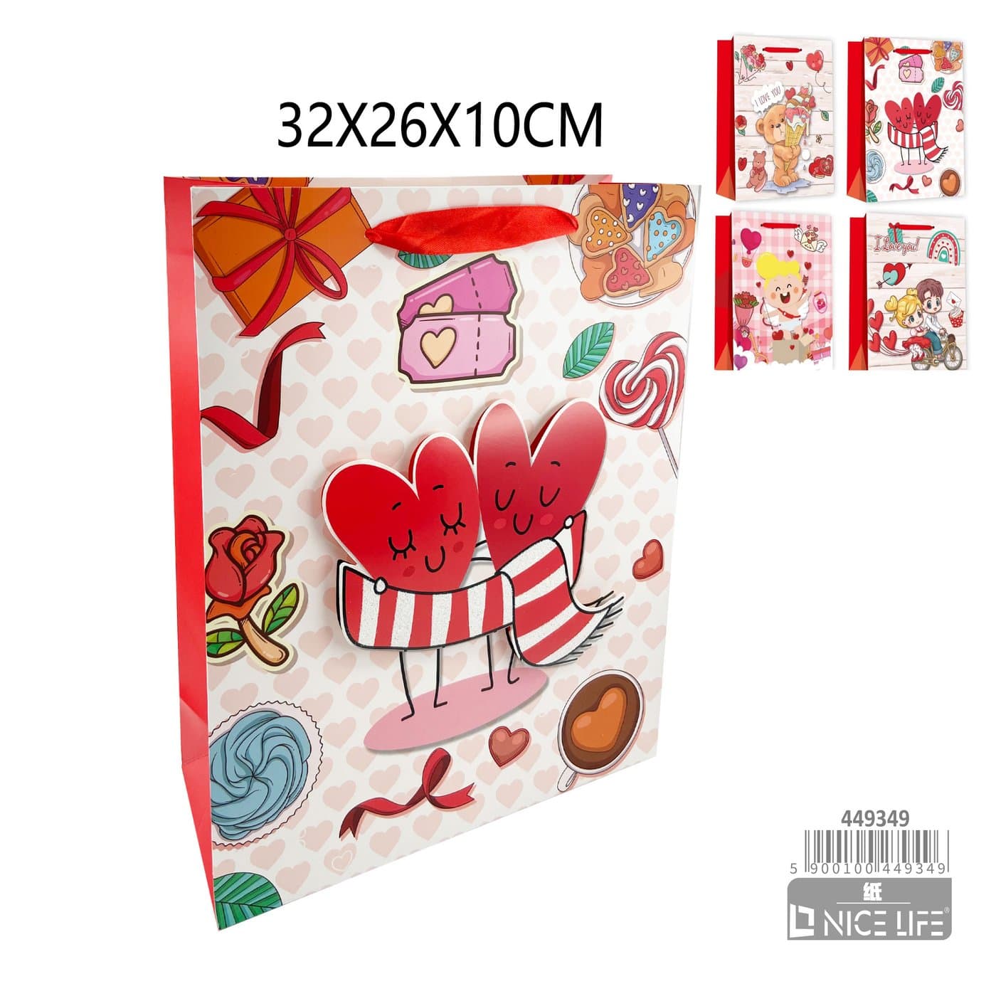 Torebka papierowa upominkowa z czerwonymi sercami i upominkami