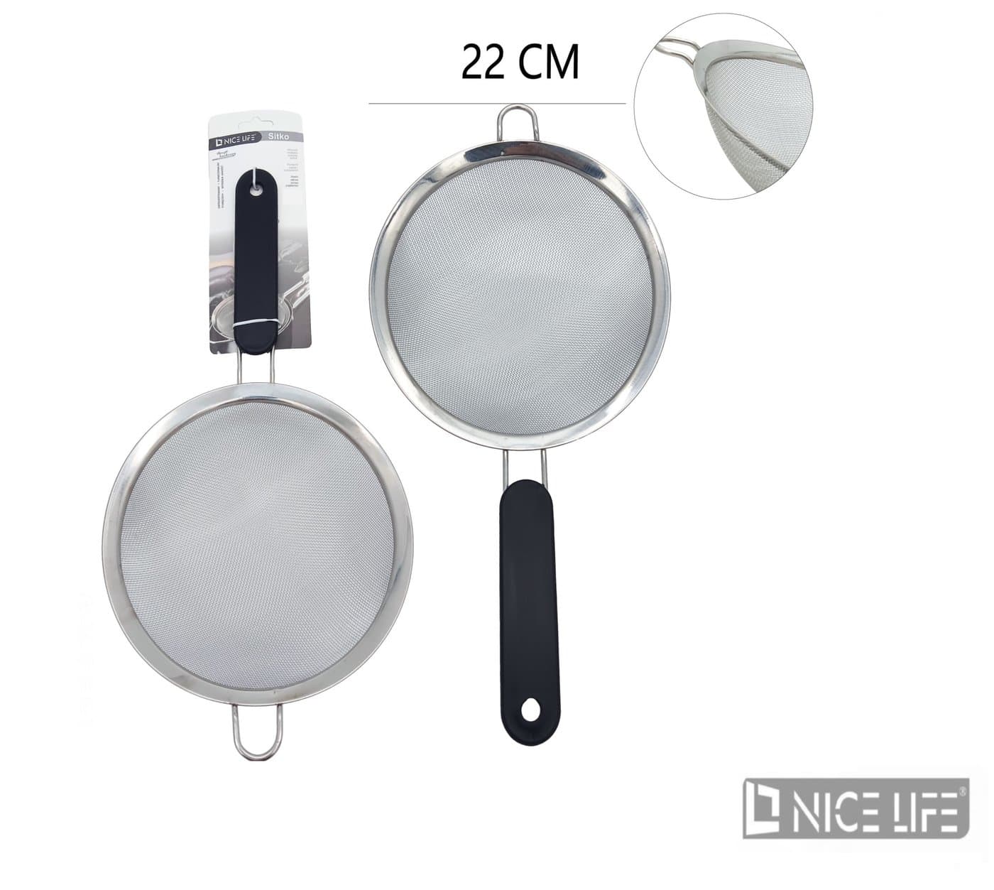 Sitko kuchenne metalowe z czarnym uchwytem 22 cm