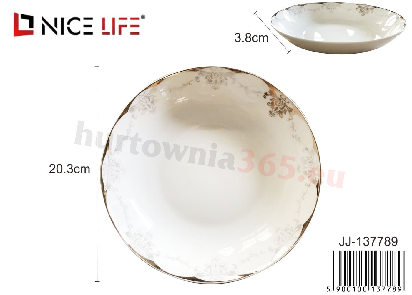 Talerz ceramiczny okrągły falowany biały z szaro-złotymi ornamentami