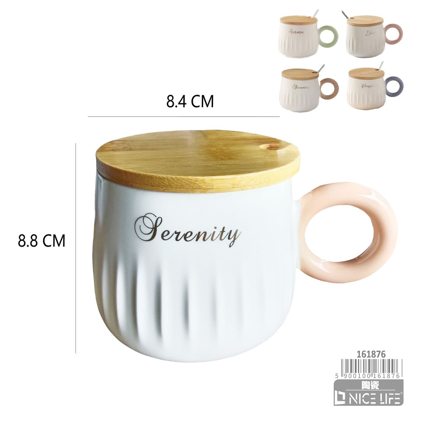 Kubek ceramiczny z drewnianą pokrywką i okrągłym uchem