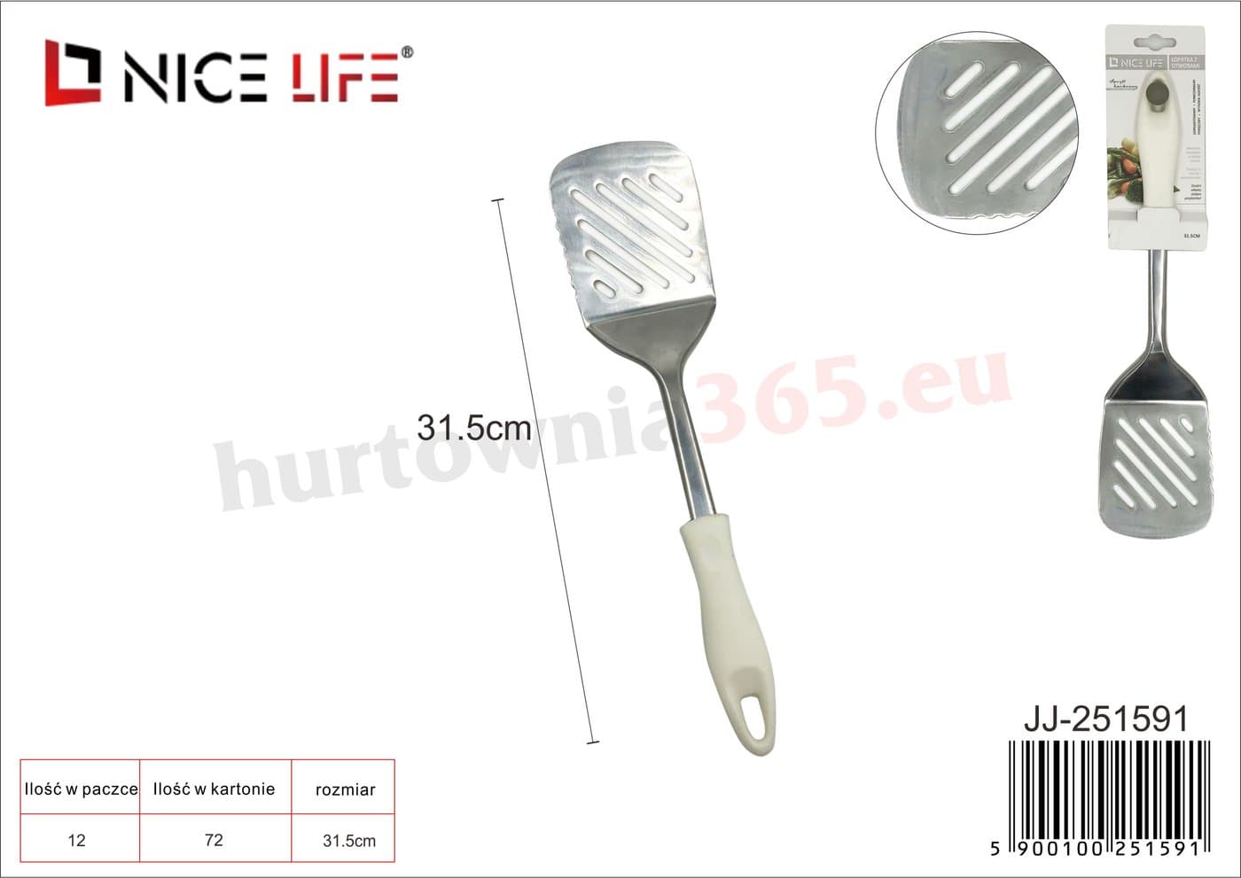 Łopatka kuchenna metalowa z białą plastikową rączką