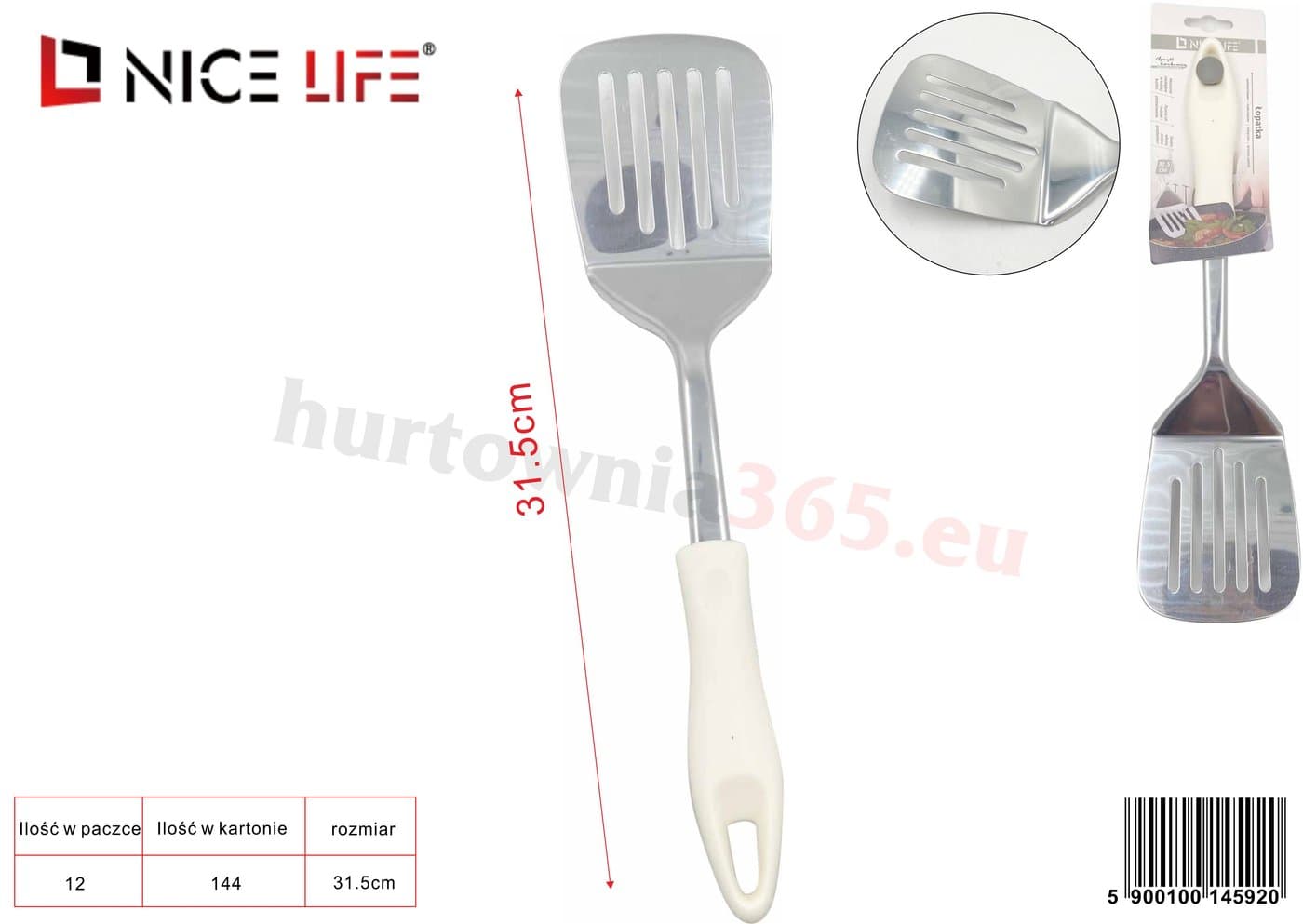 Łopatka kuchenna metalowa perforowana z jasną plastikową rączką