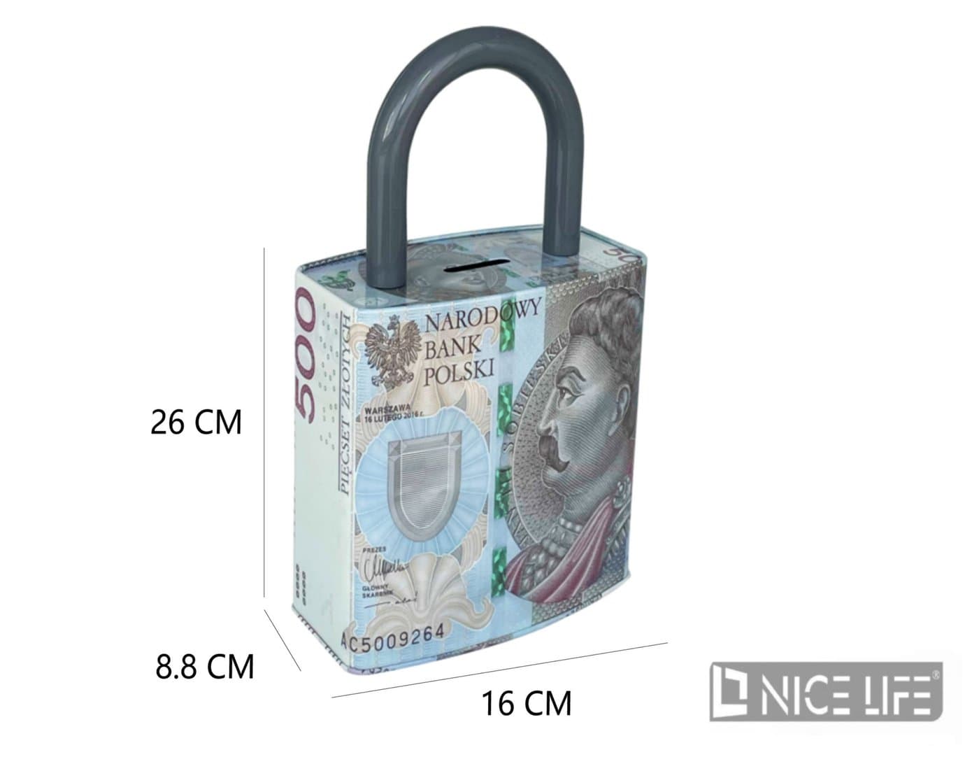Skarbonka metalowa z uchwytem i motywem polskich banknotów