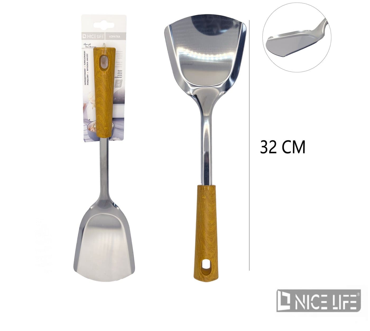 Łopatka kuchenna metalowa szeroka lekko wygięta w kolorze drewna
