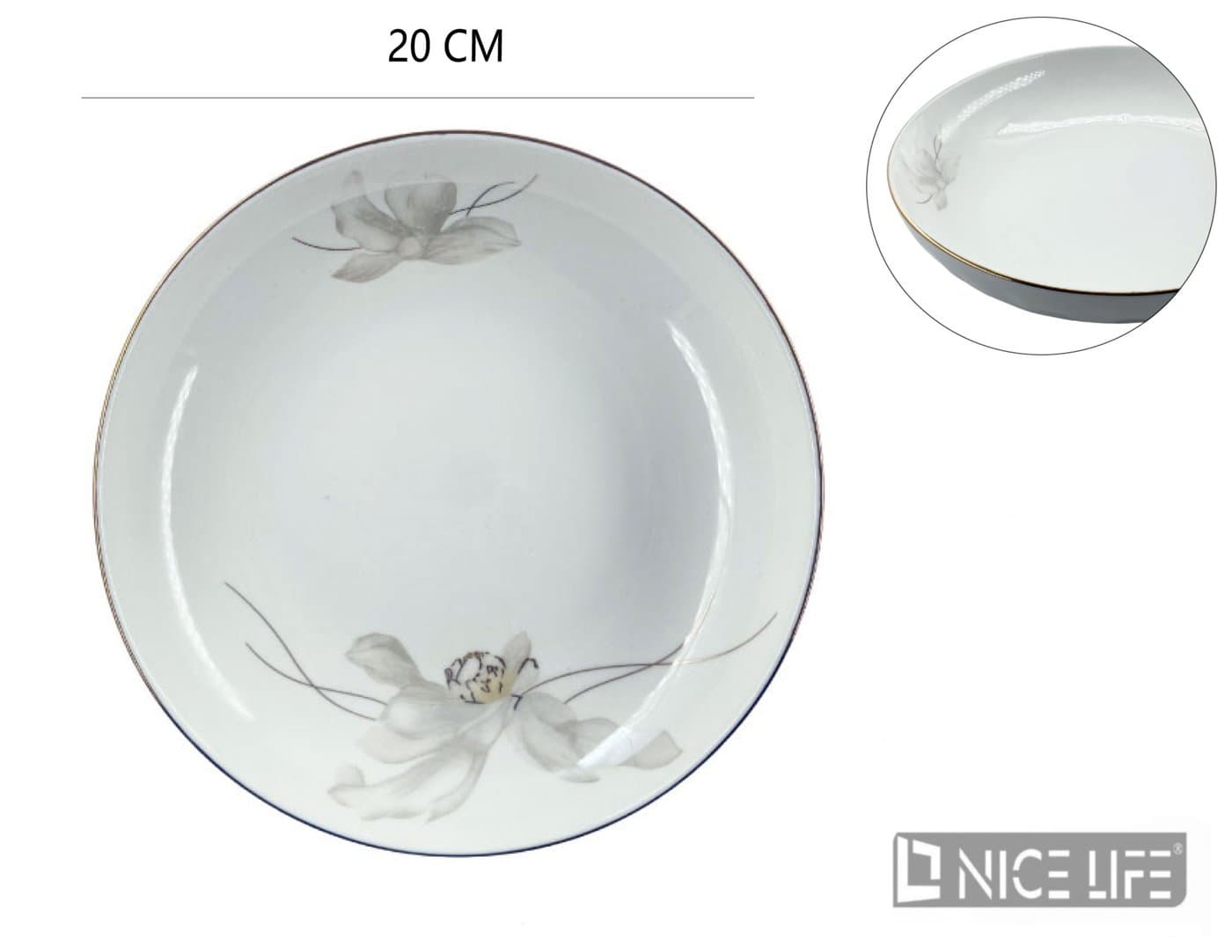 Talerz ceramiczny biały w kwiaty ze złotą obwódką