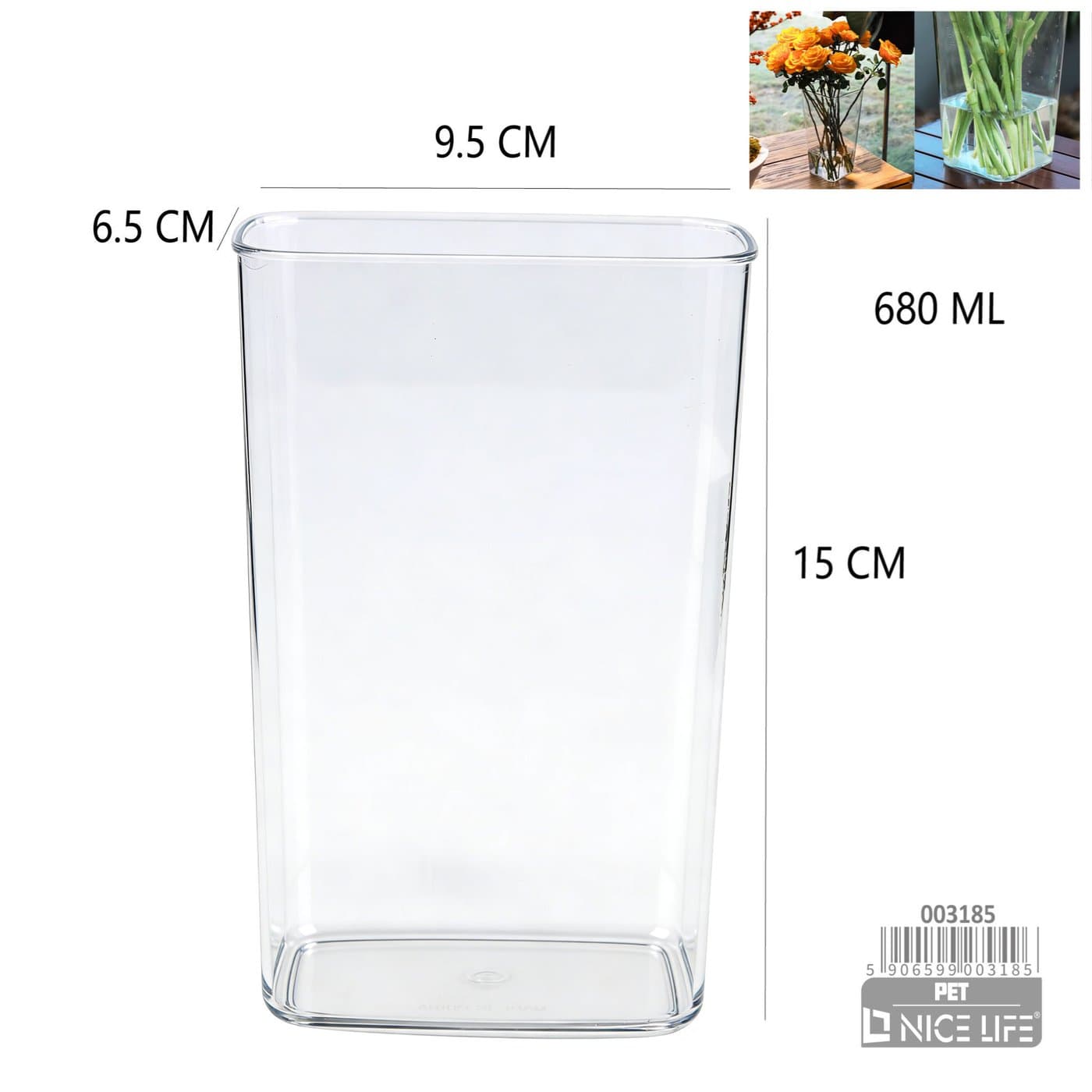 Wazon plastikowy przezroczysty 680 ml, 9,5 × 6,5 × 15 cm