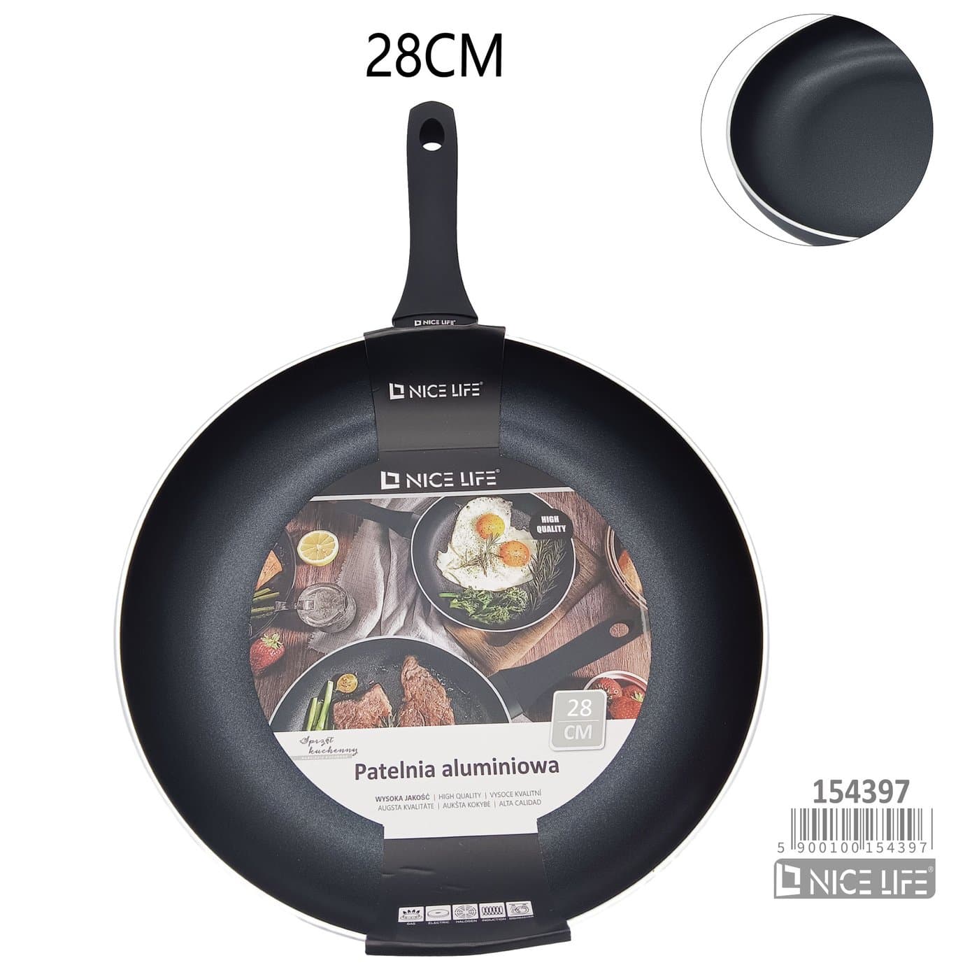 Patelnia aluminiowa czarna okrągła z długą rączką 28 cm