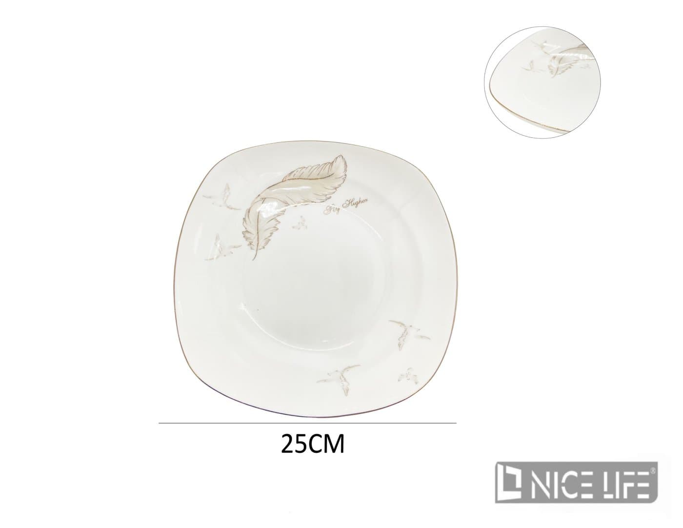 Talerz ceramiczny biały z motywem ptaków i pióra