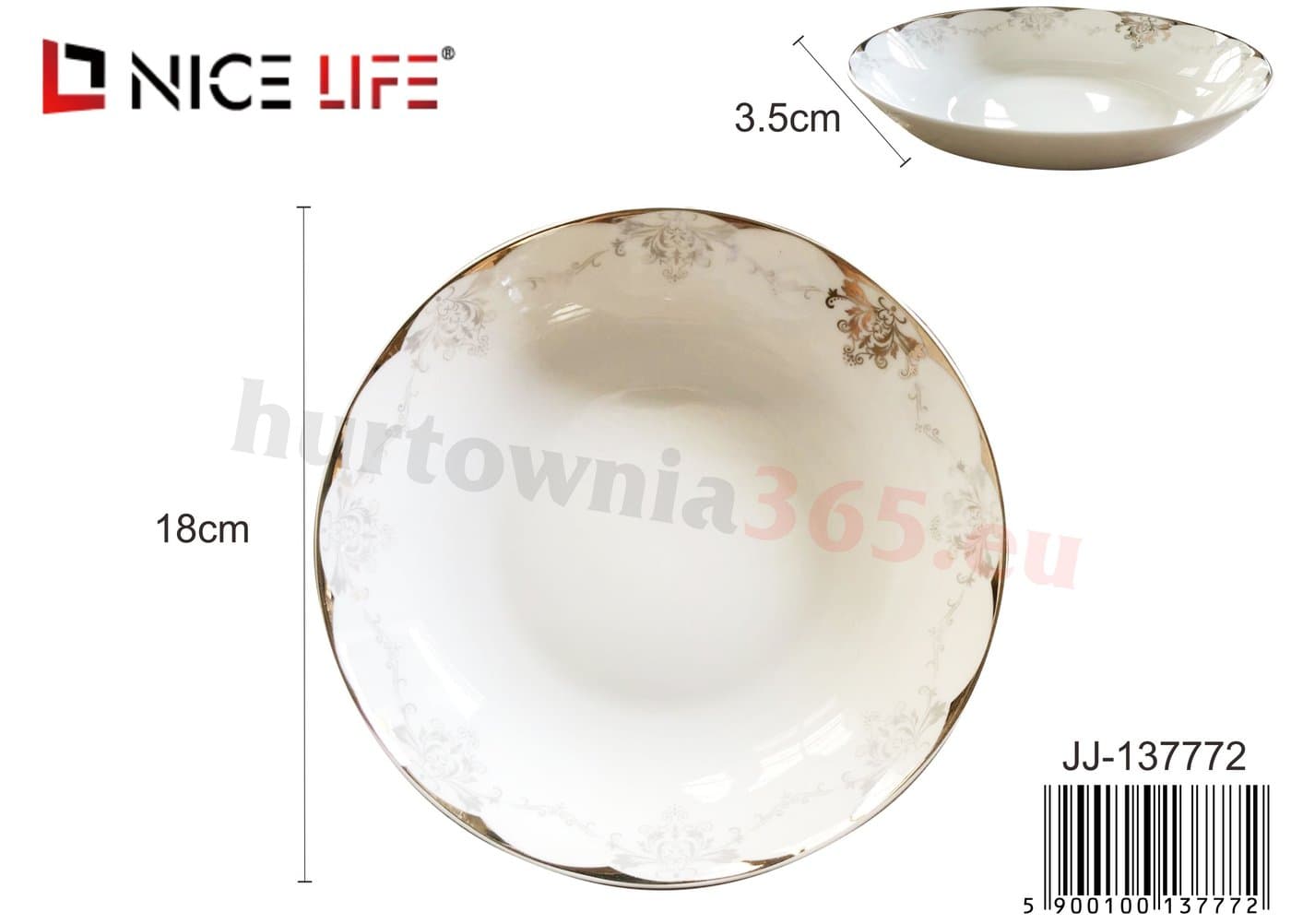 Talerz ceramiczny okrągły falowany biały ze złotymi ornamentami