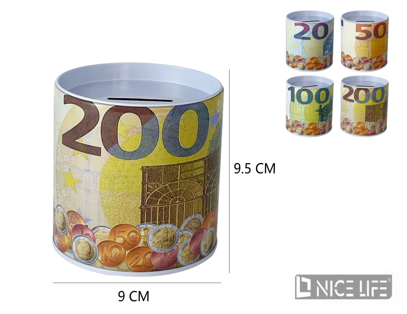 Skarbonka metalowa okrągła z nadrukiem euro i monet