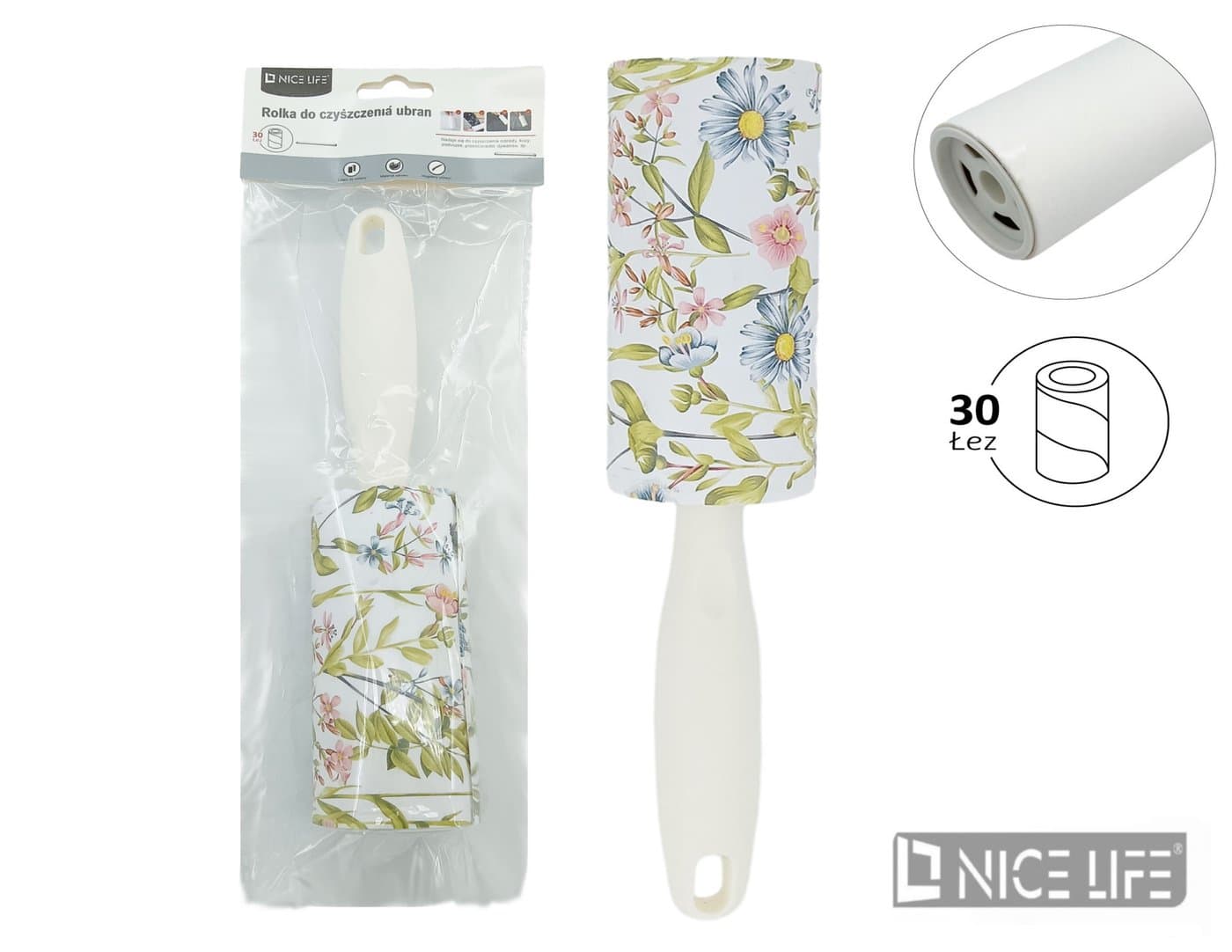 Rolka do czyszczenia ubrań z białym uchwytem i wzorem kwiatowym