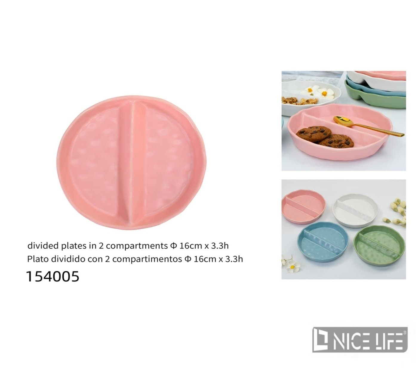 Talerz ceramiczny z dwiema przegródkami różowy