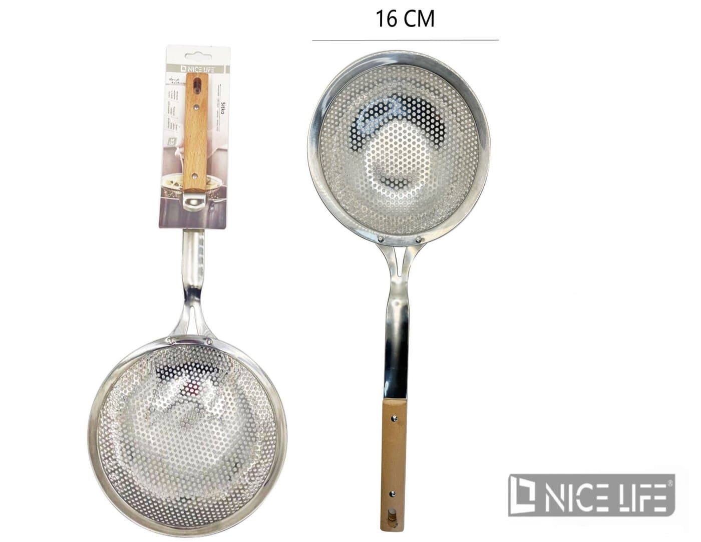 Sitko kuchenne metalowe z drewnianą rączką 16 cm