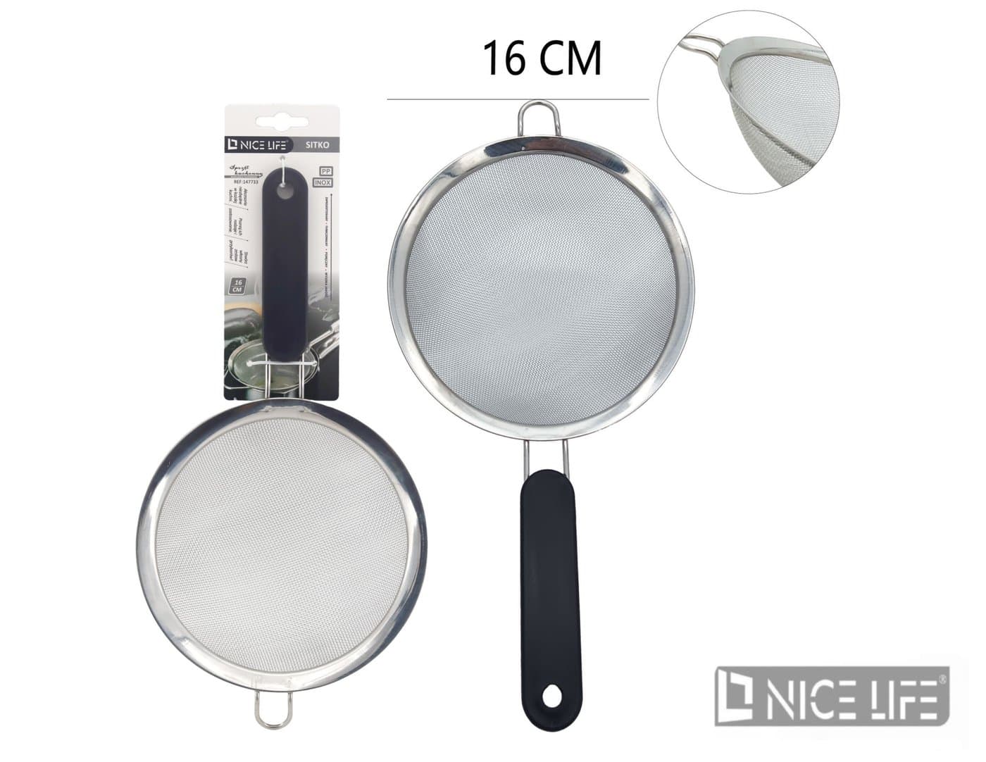Sitko metalowe z czarną rączką 16 cm