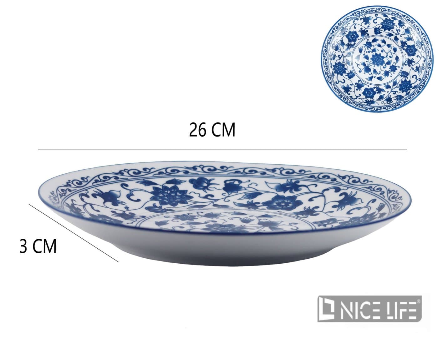 Naczynie ceramiczne białe okrągłe z granatowym wzorem kwiatowym