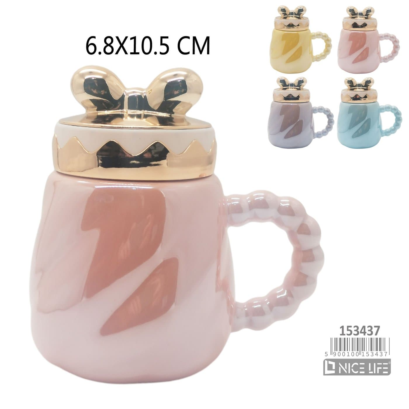 Kubek ceramiczny ze złotą kokardą na pokrywce