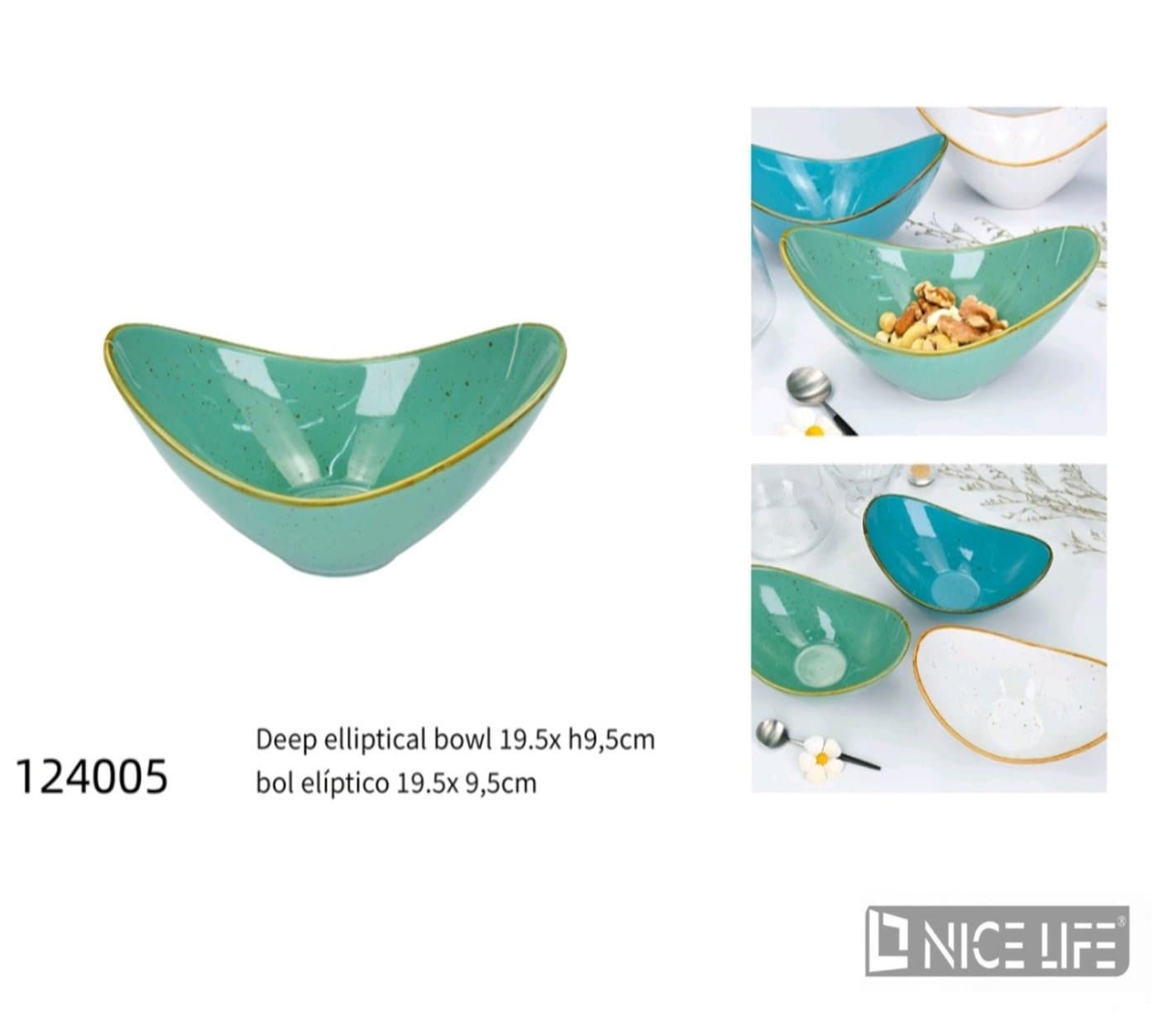 Miska ceramiczna eliptyczna zielona ze złotą obwódką