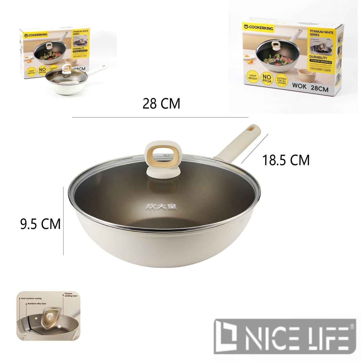 Wok Tytanowy Nieprzywierający 28 cm z Pokrywką