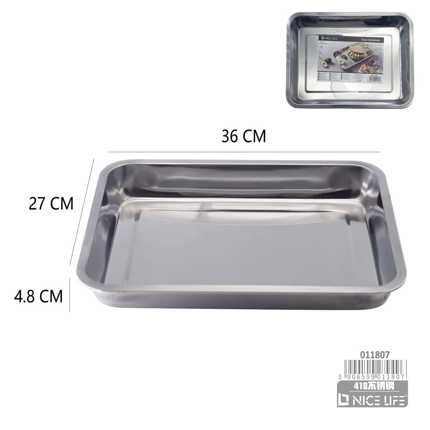 Taca metalowa srebrna prostokątna 36 × 27 × 4,8