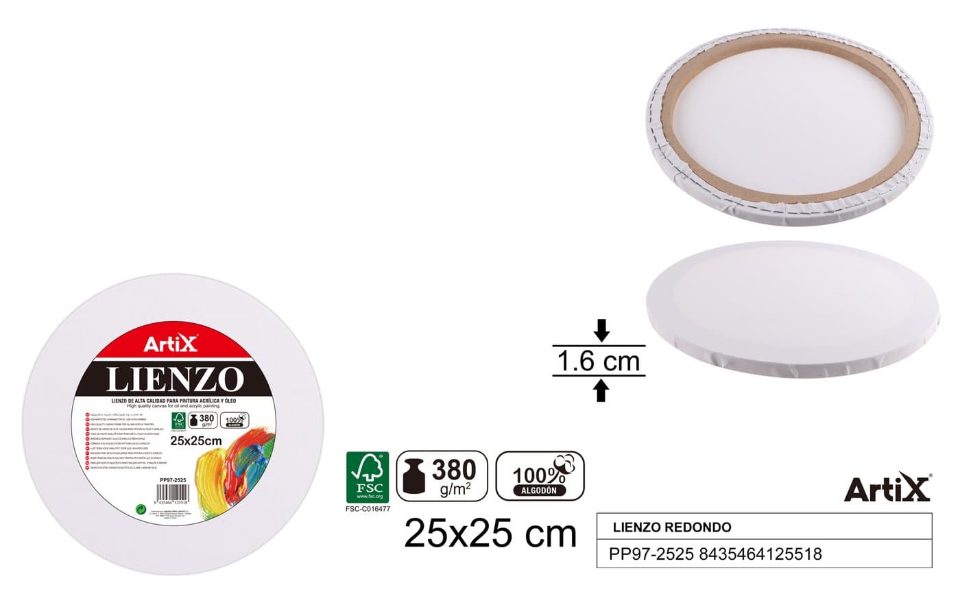 Podobrazie malarskie okrągłe białe 25 × 25 × 1,6 380 g/m²