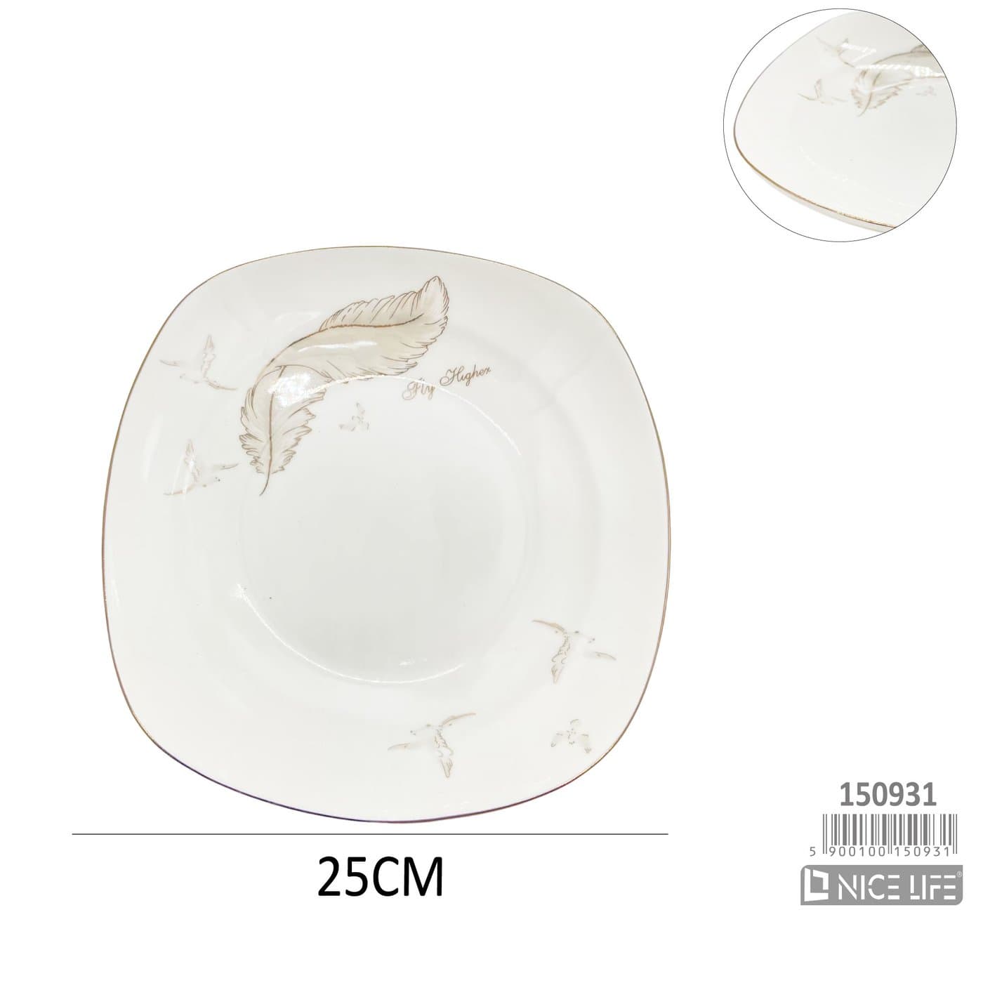 Talerz ceramiczny biały z motywem ptaków i pióra