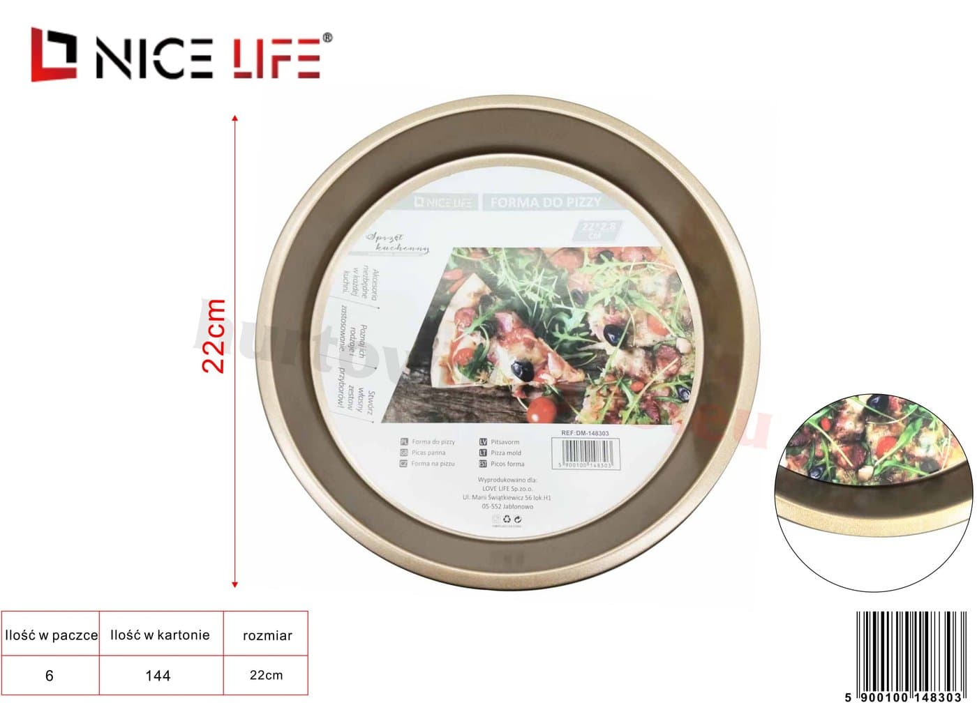 Forma do pizzy złota metalowa okrągła z podwyższonym rantem