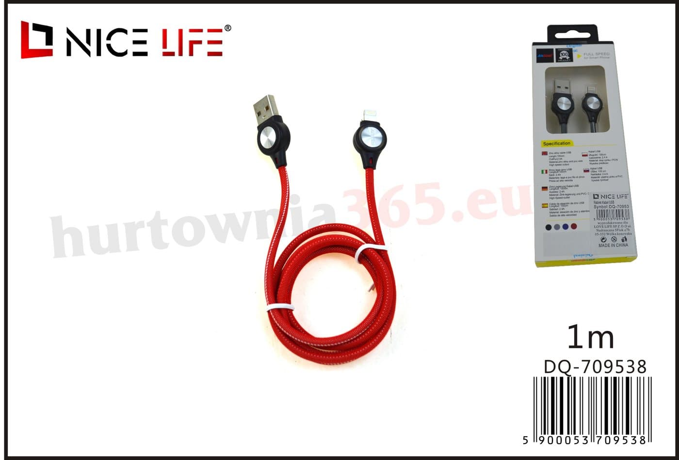 Przewód USB ze złączem Lightning, czerwony w oplocie