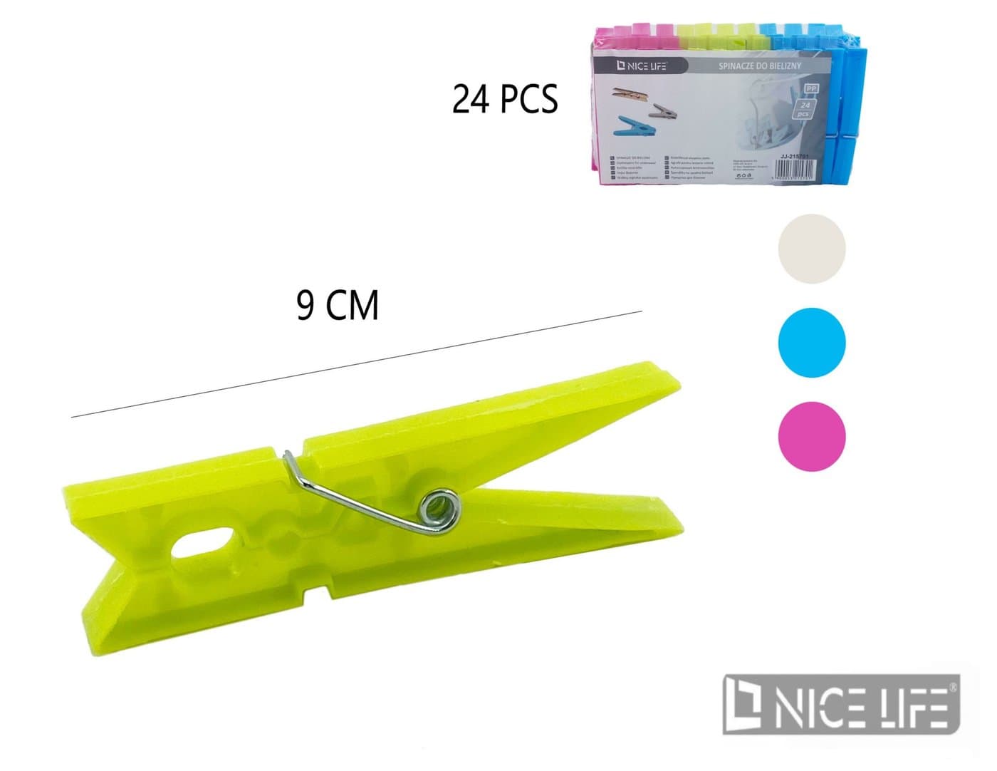 Spinacze do bielizny plastikowe: kremowe, niebieskie, różowe, zielone