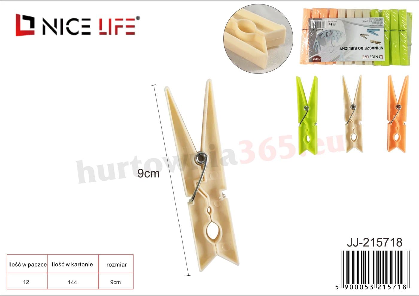 Spinacze do bielizny plastikowe: kremowe, zielone, pomarańczowe