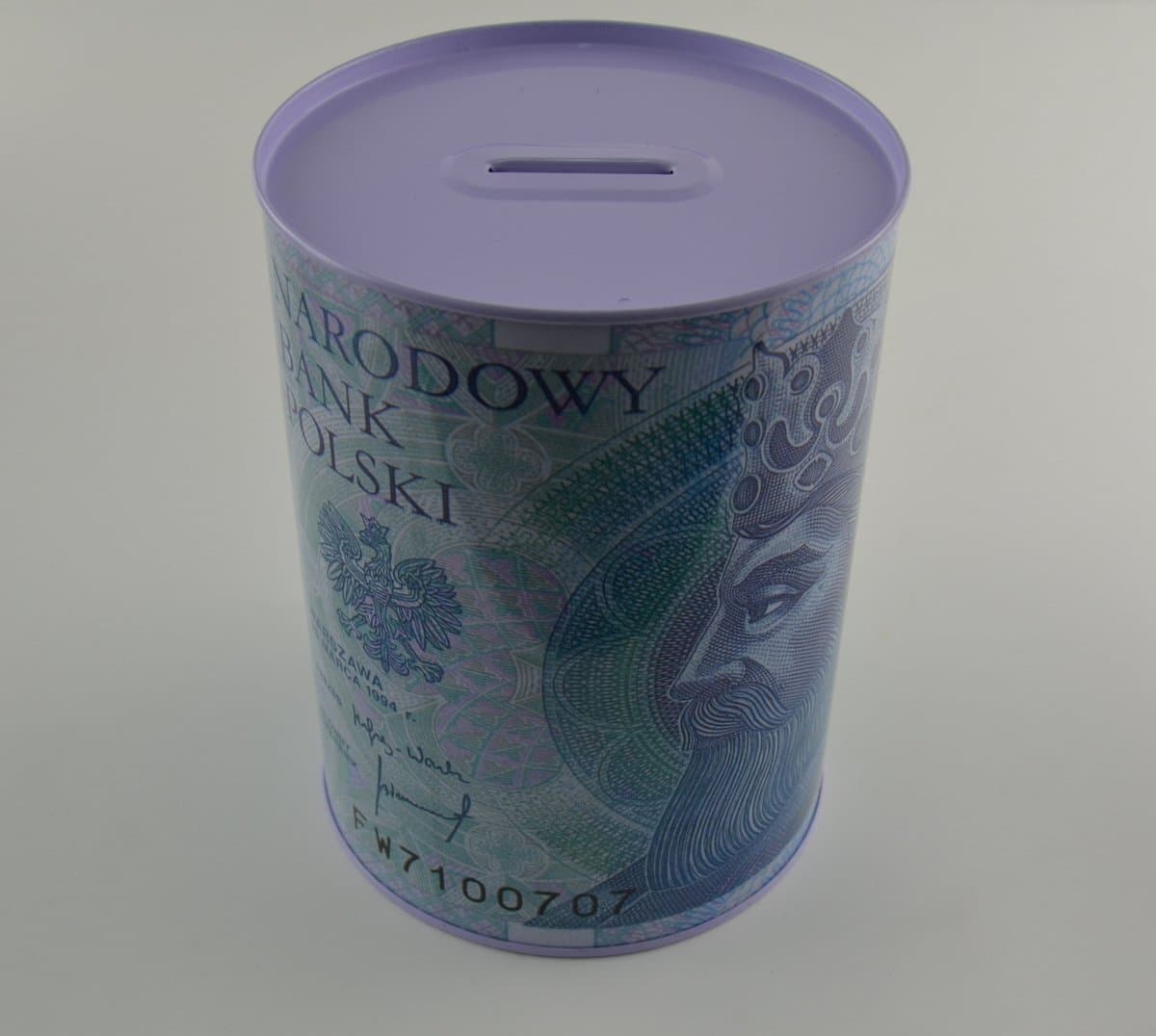 Skarbonka cylindryczna z nadrukiem banknotów w wariantach kolorów