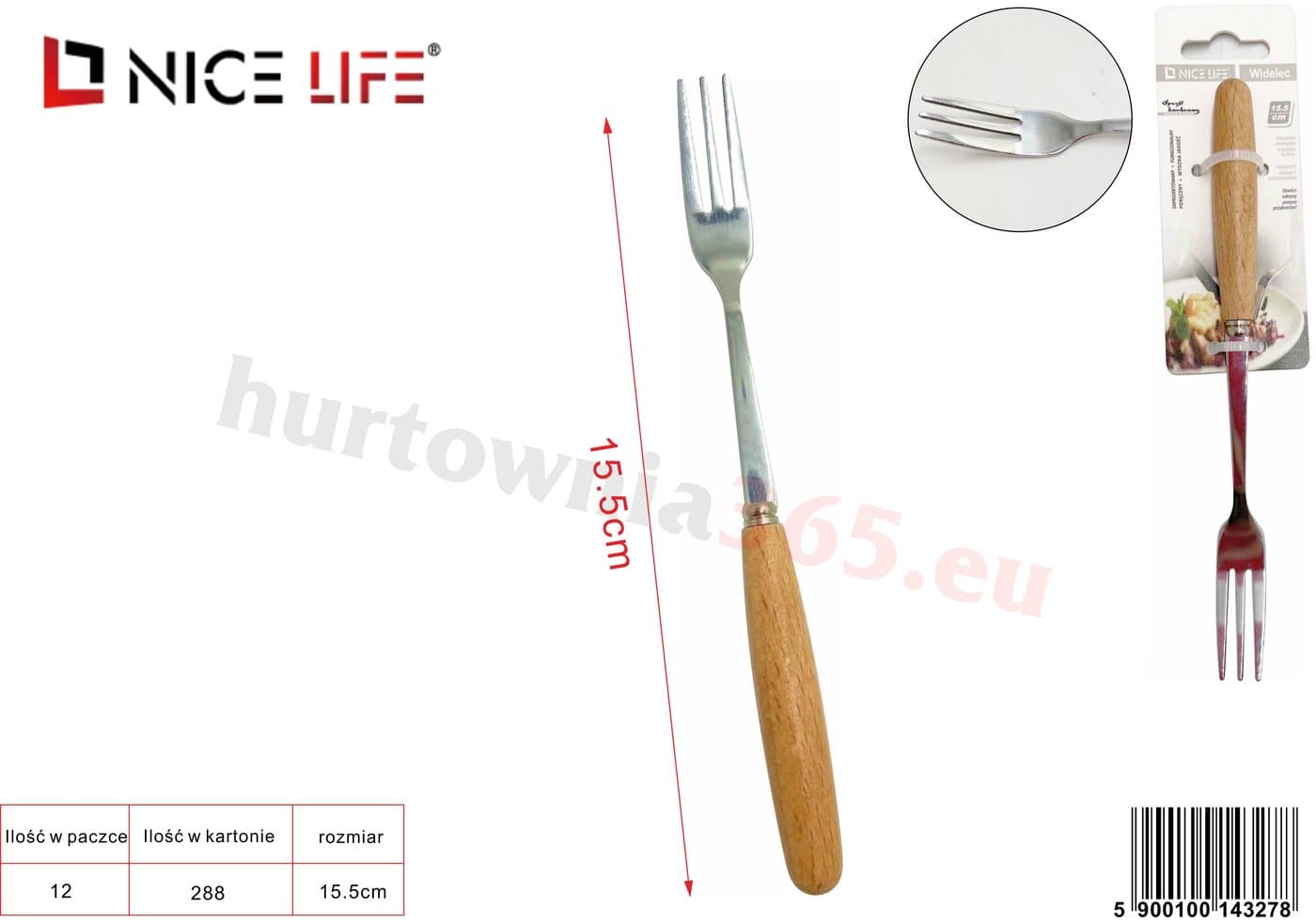 Widelec stołowy metalowy z drewnianą rękojeścią 15,5 cm