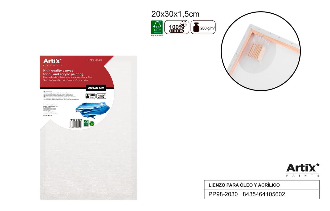 Podobrazie białe na drewnianej ramie 20 × 30 × 1,5 cm 280 g/m²