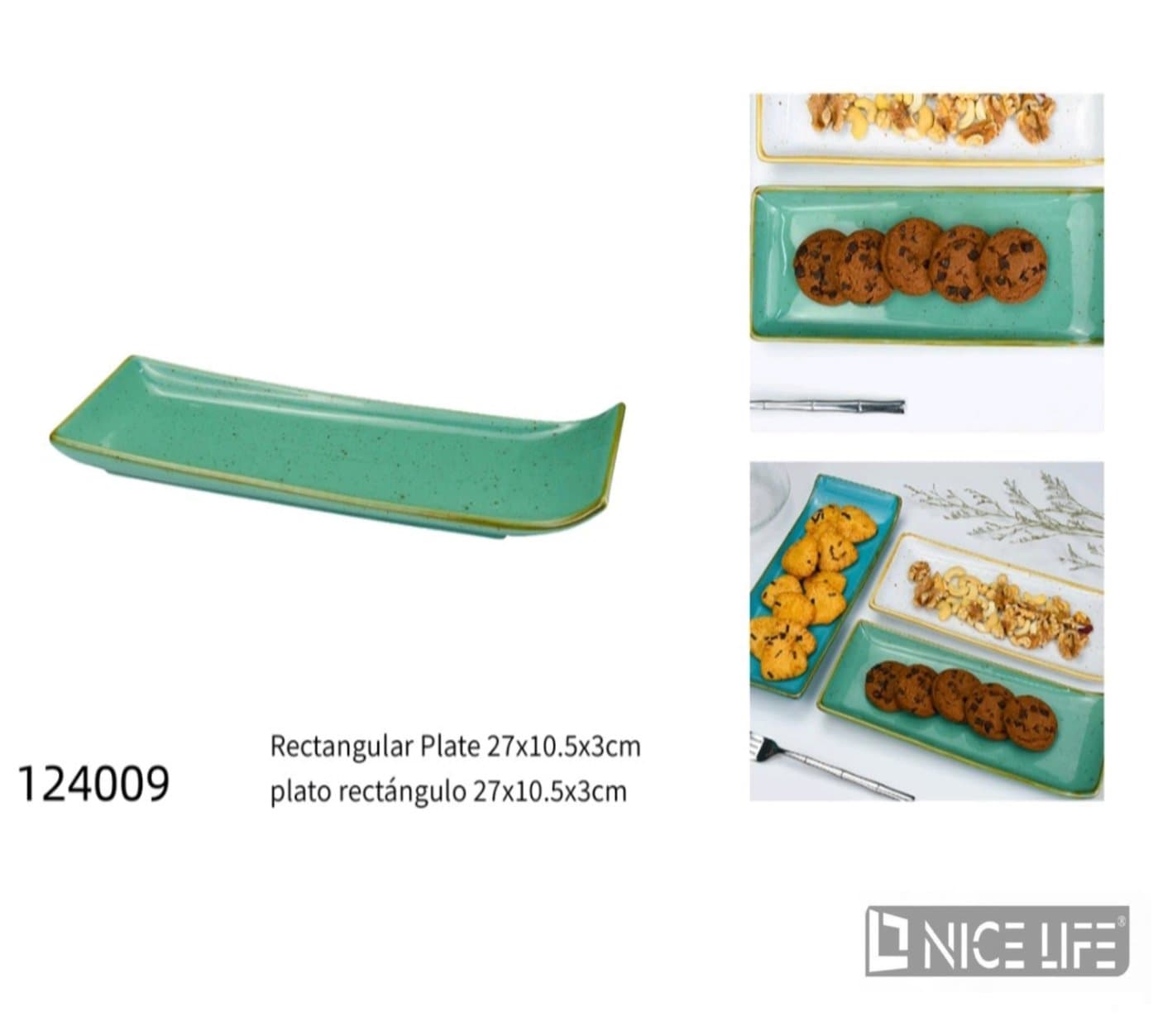 Talerz ceramiczny prostokątny miętowozielony ze złotą obwódką