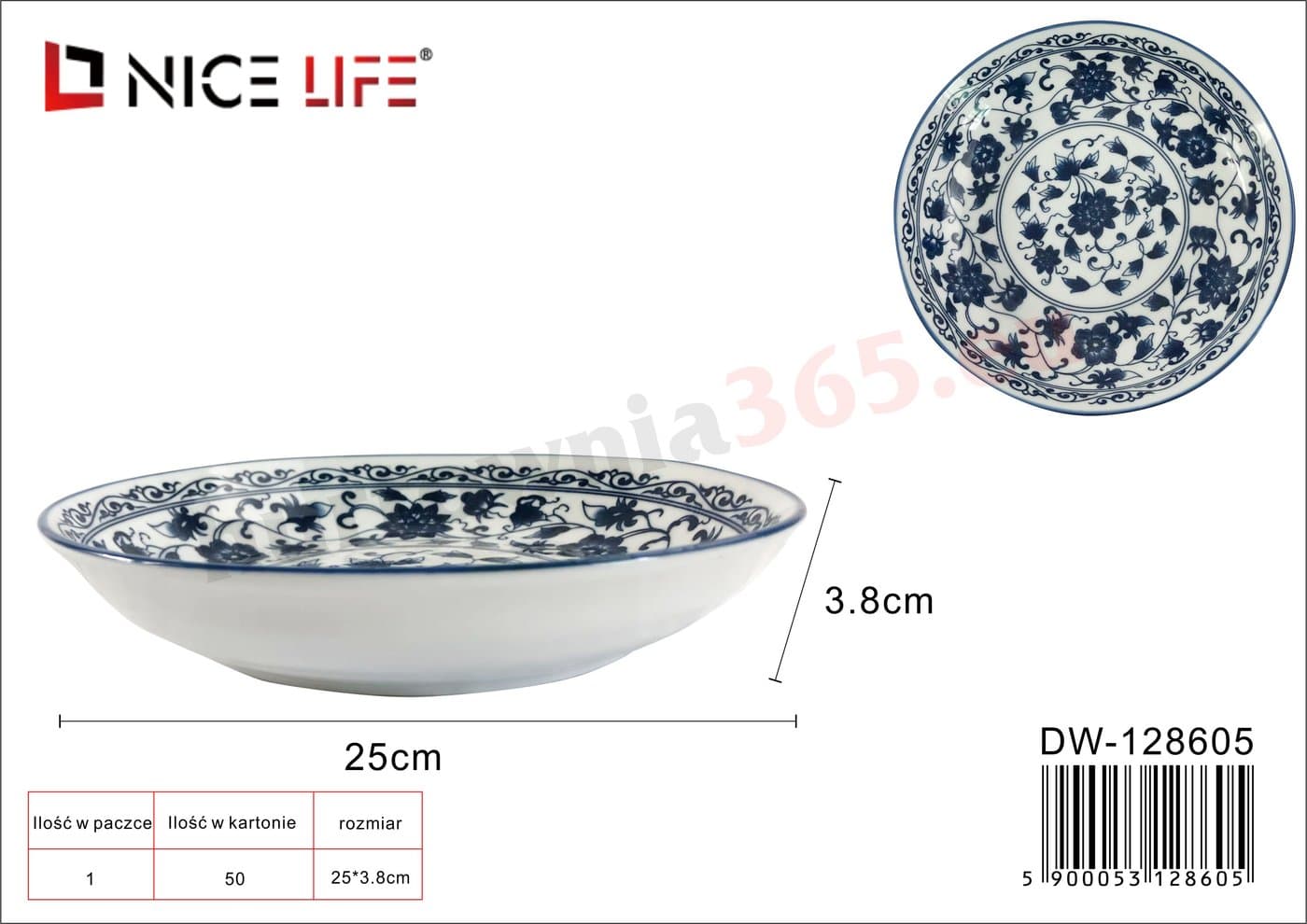 Talerz głęboki ceramiczny z niebieskim ornamentem kwiatowym