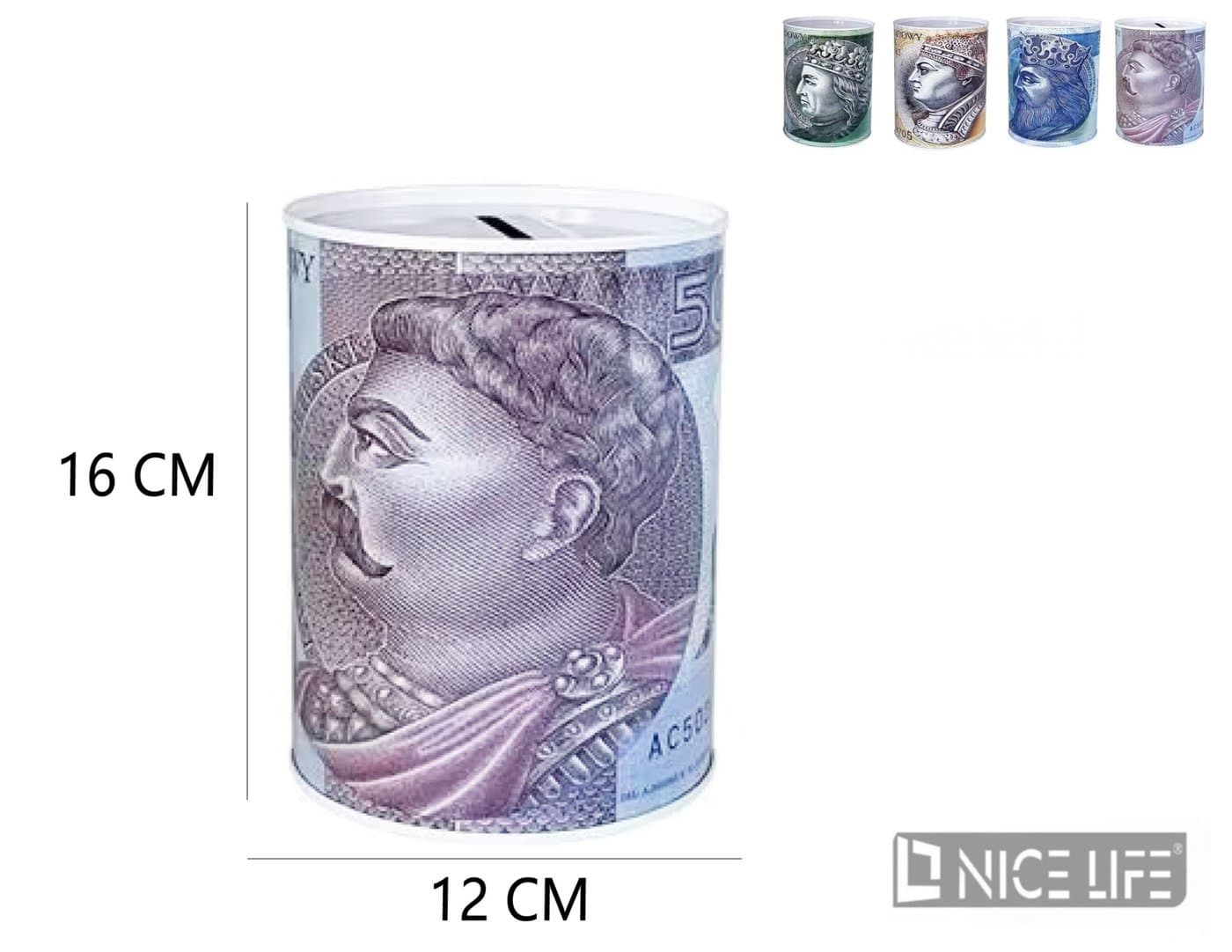 Skarbonka cylindryczna z nadrukiem banknotów w wariantach kolorów