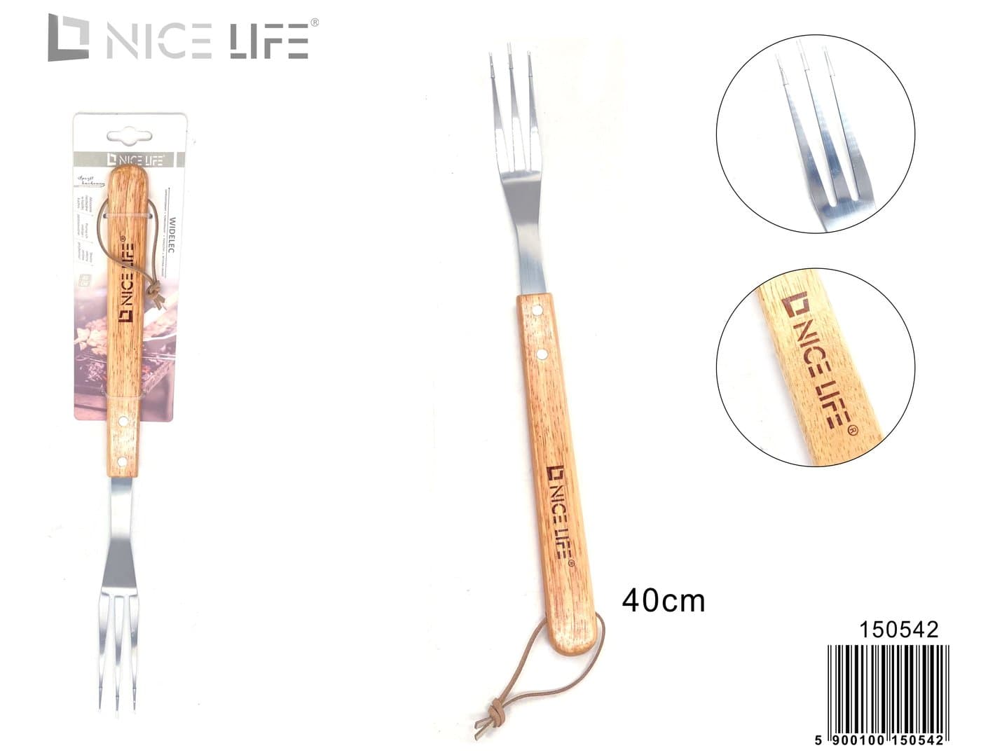 Widelec grillowy metalowy 40 cm z drewnianą rękojeścią