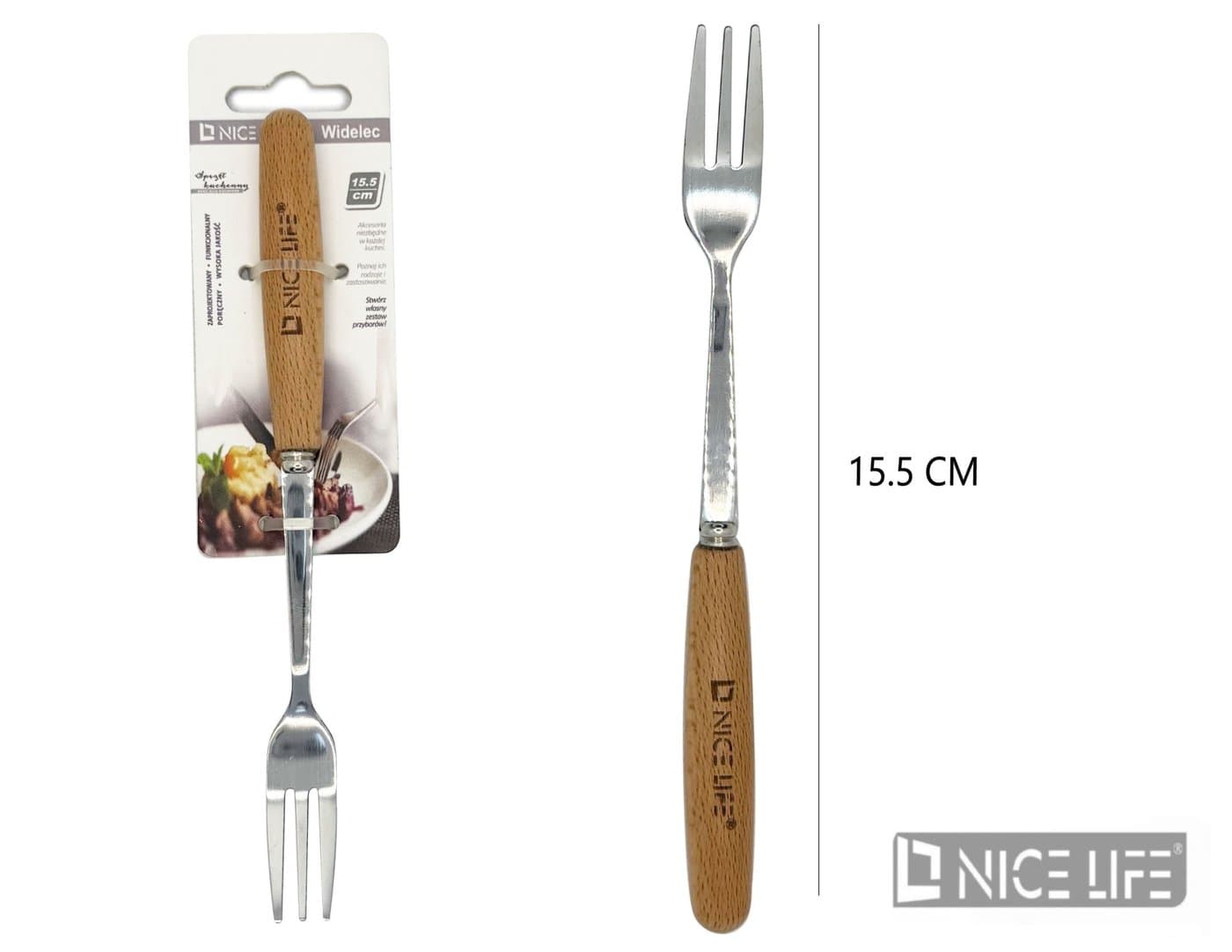 Widelec stołowy metalowy z drewnianą rękojeścią 15,5 cm