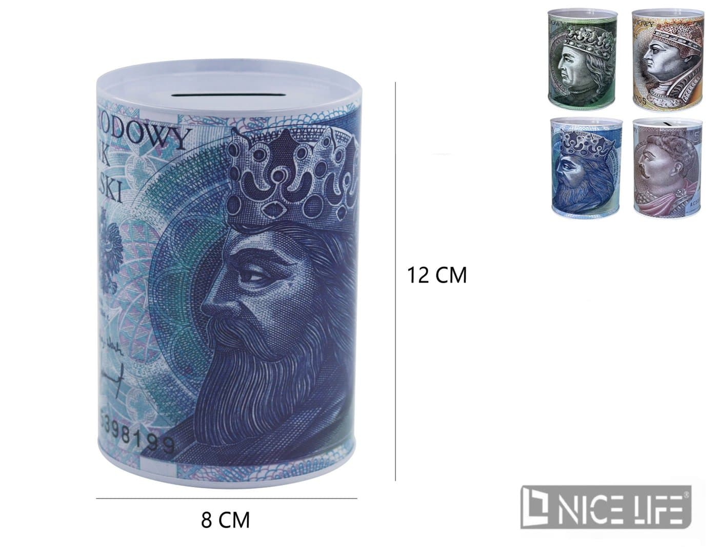 Skarbonka z metalu cylindryczna z nadrukiem banknotowym