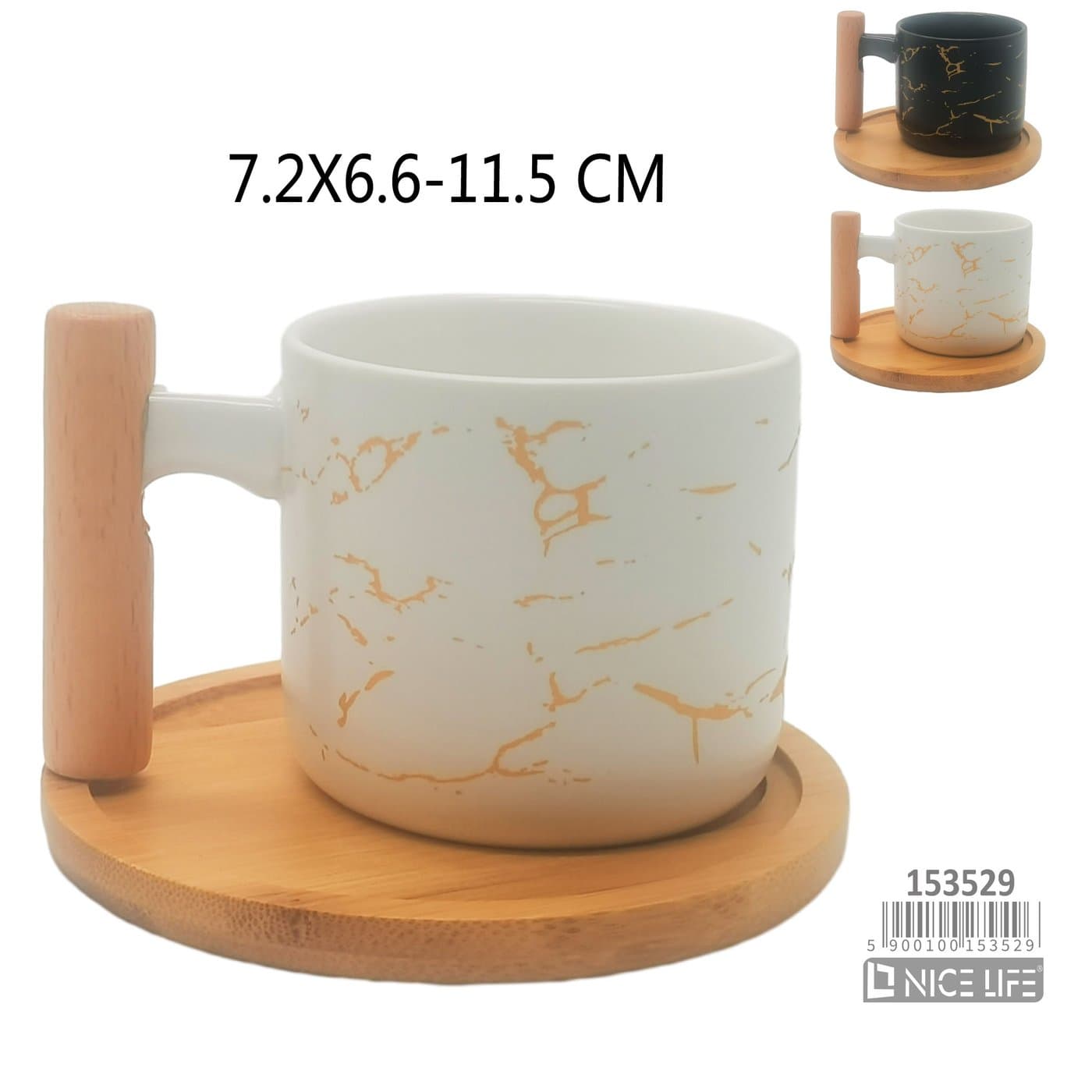 Kubek ceramiczny z drewnianym uchwytem i spodkiem