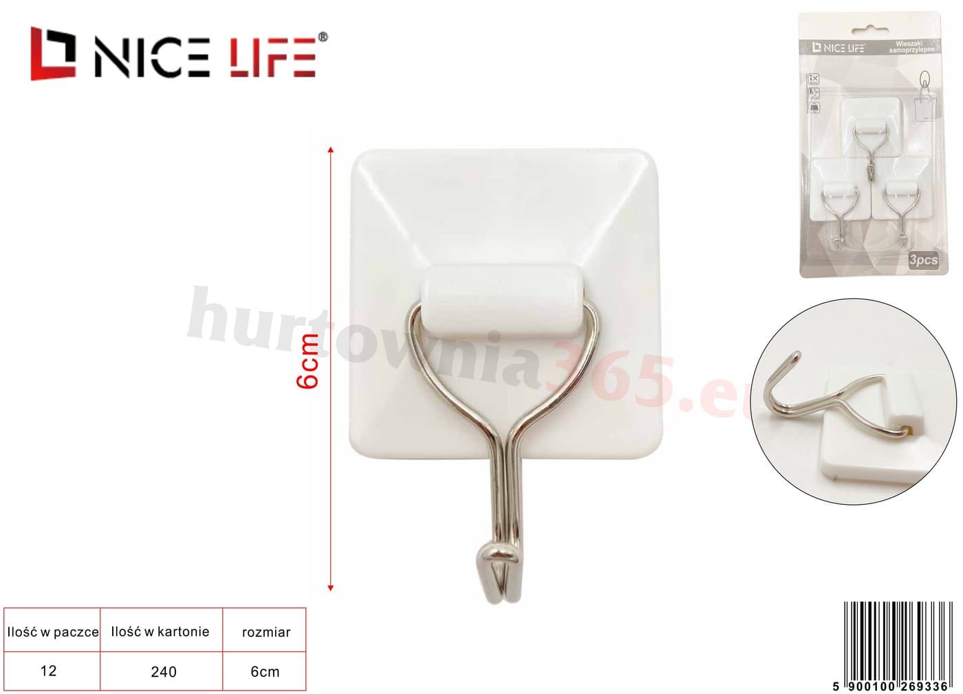 Haczyki ścienne metalowe z białą plastikową podstawą