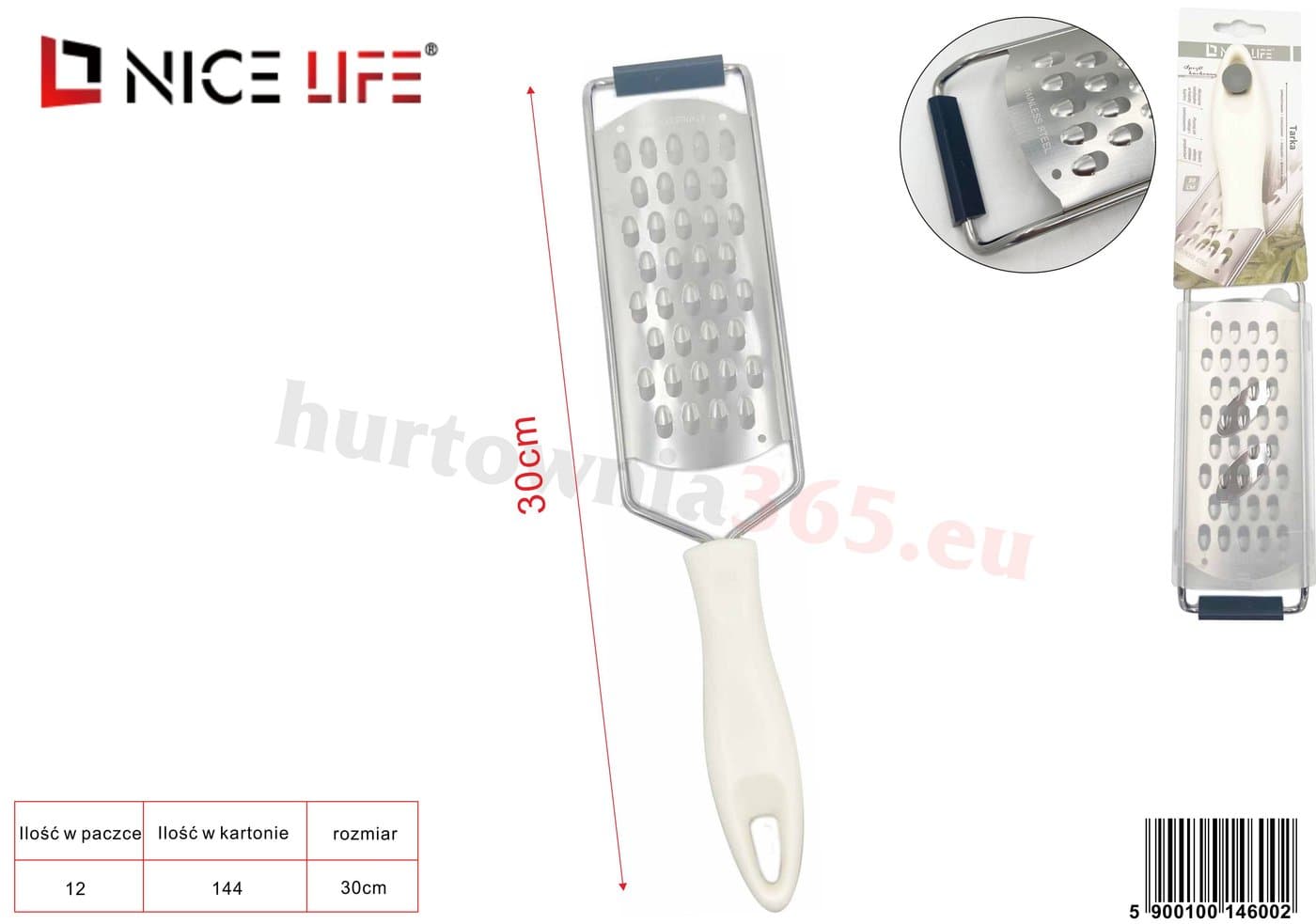 Tarka metalowa z owalnymi otworami i kremową plastikową rączką