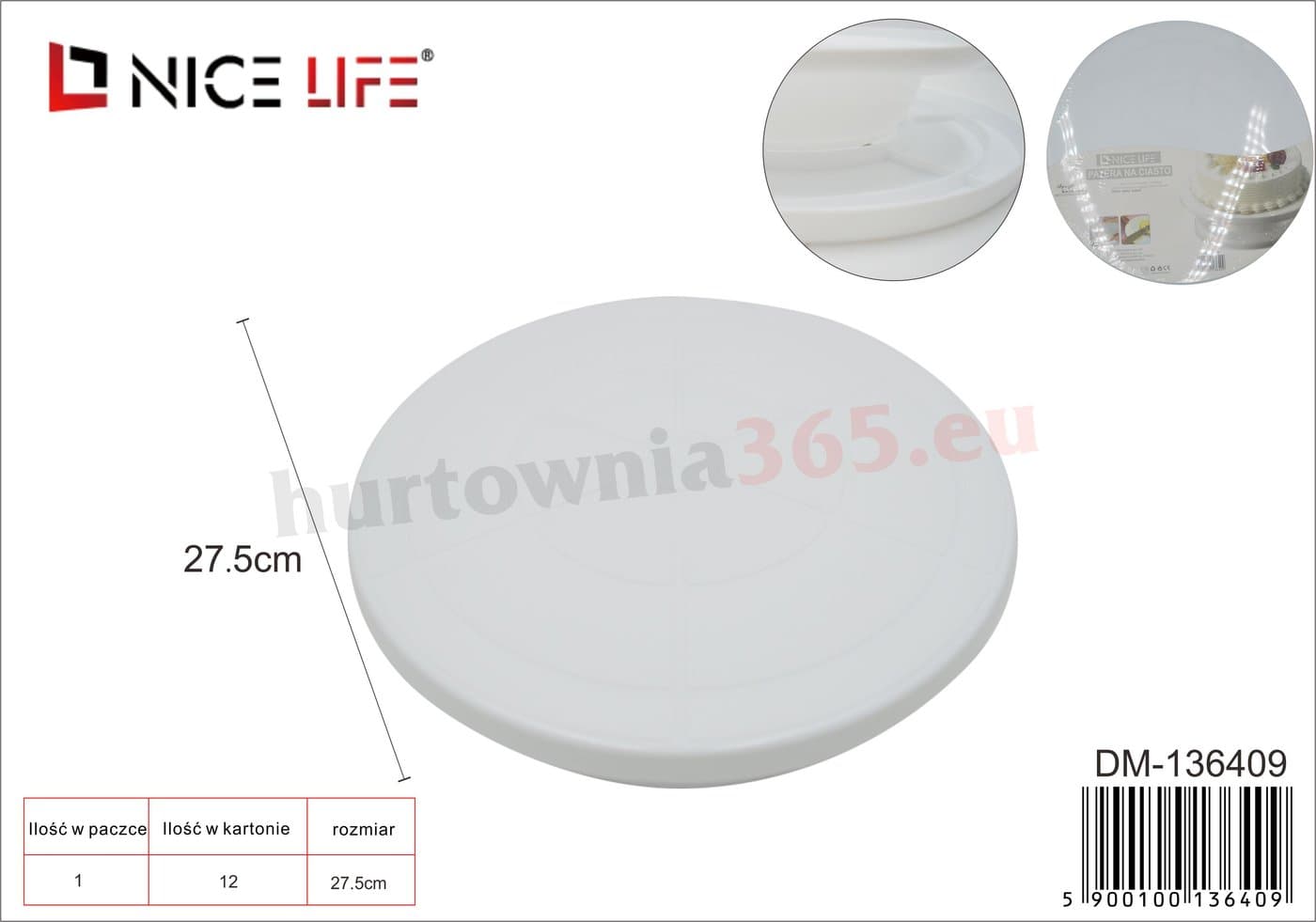 Taca na ciasto okrągła biała plastikowa na szerokiej podstawie