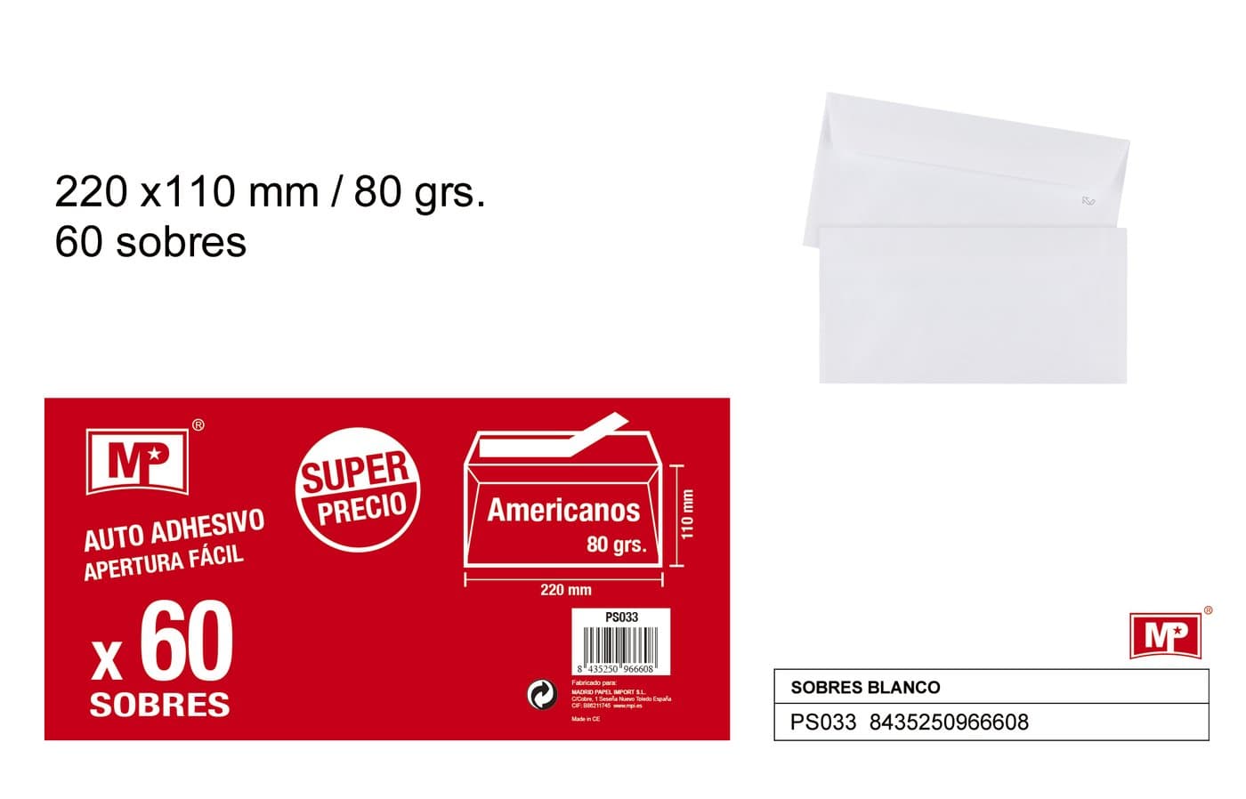 Koperta papierowa biała 220 × 110 mm