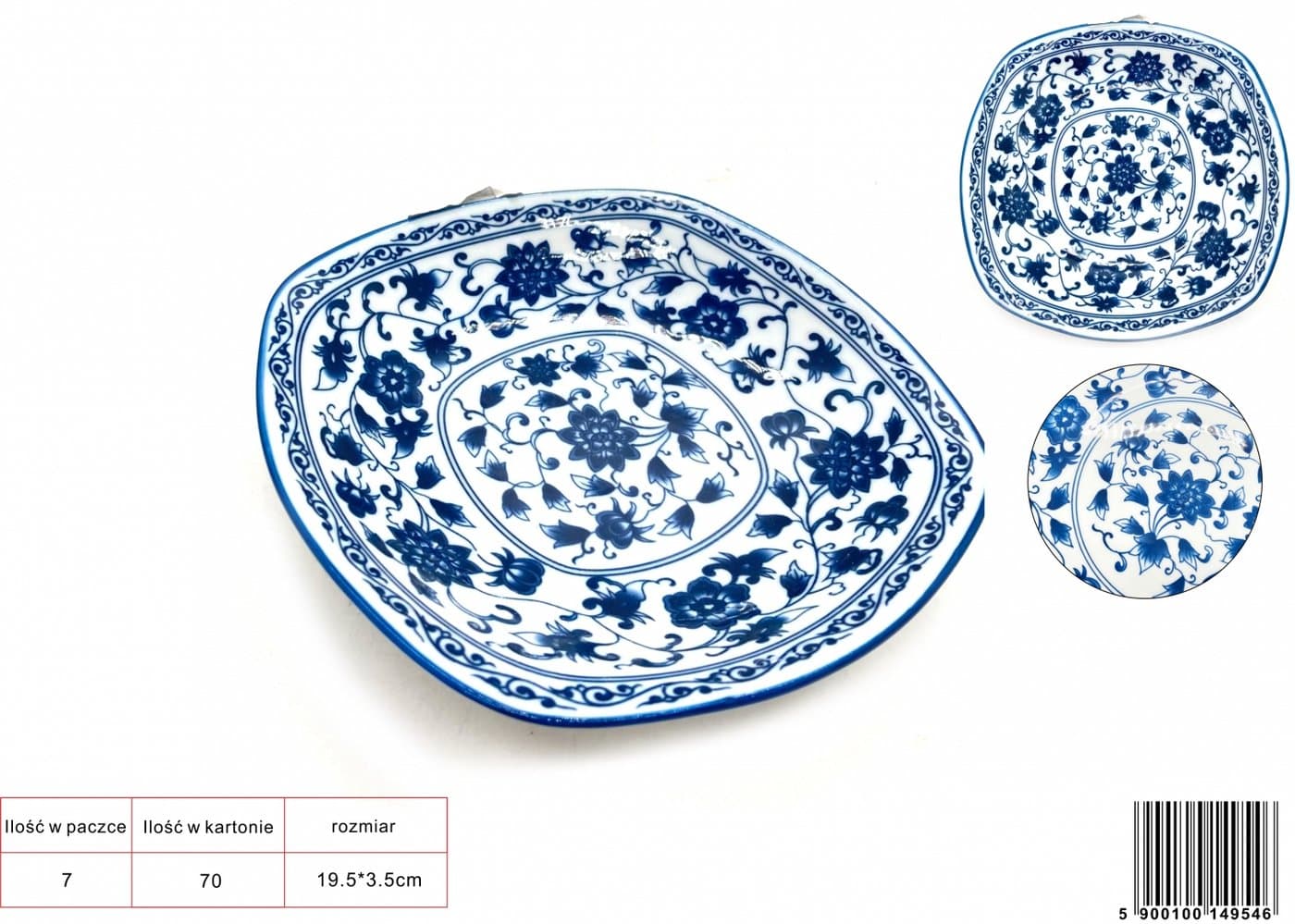 Talerz ceramiczny biały z roślinnym ornamentem niebieskim