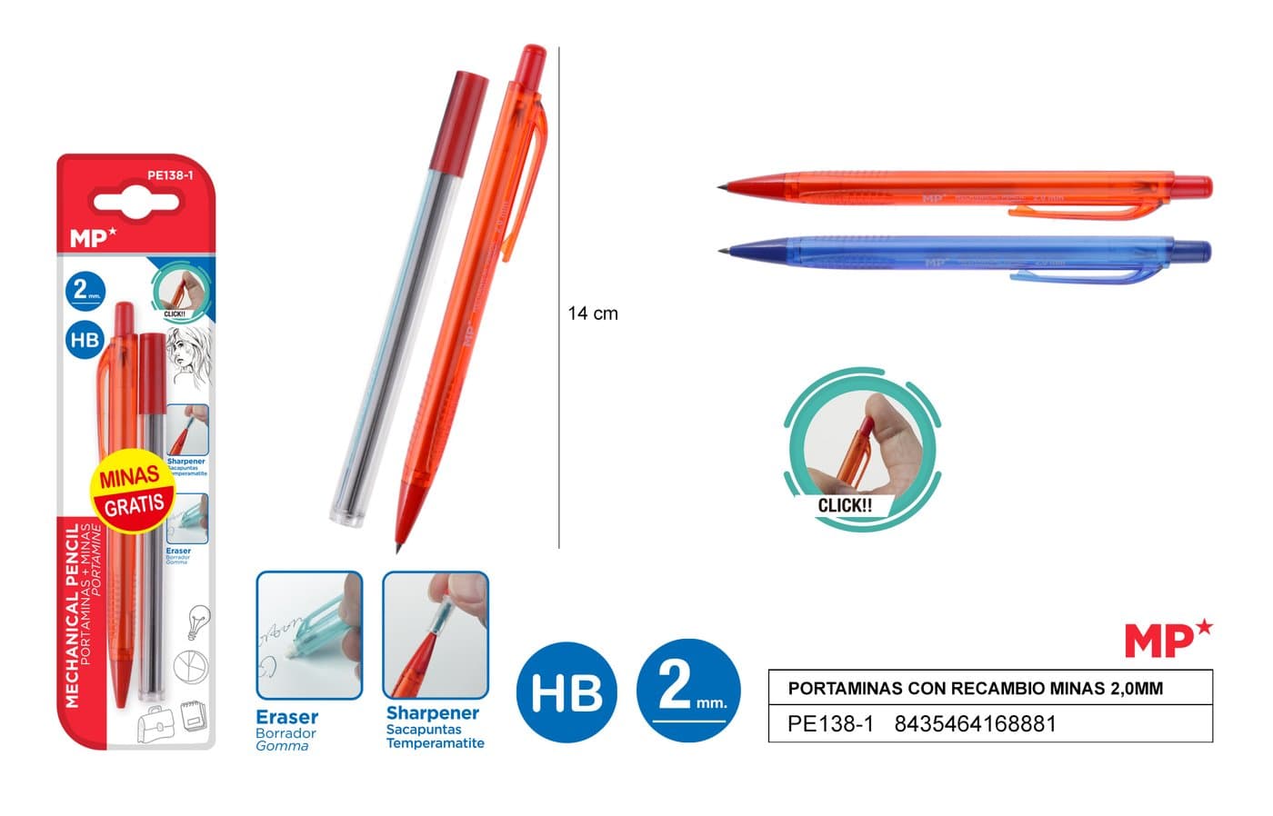 Ołówek automatyczny z rysikami HB 2,0 mm kolorowy