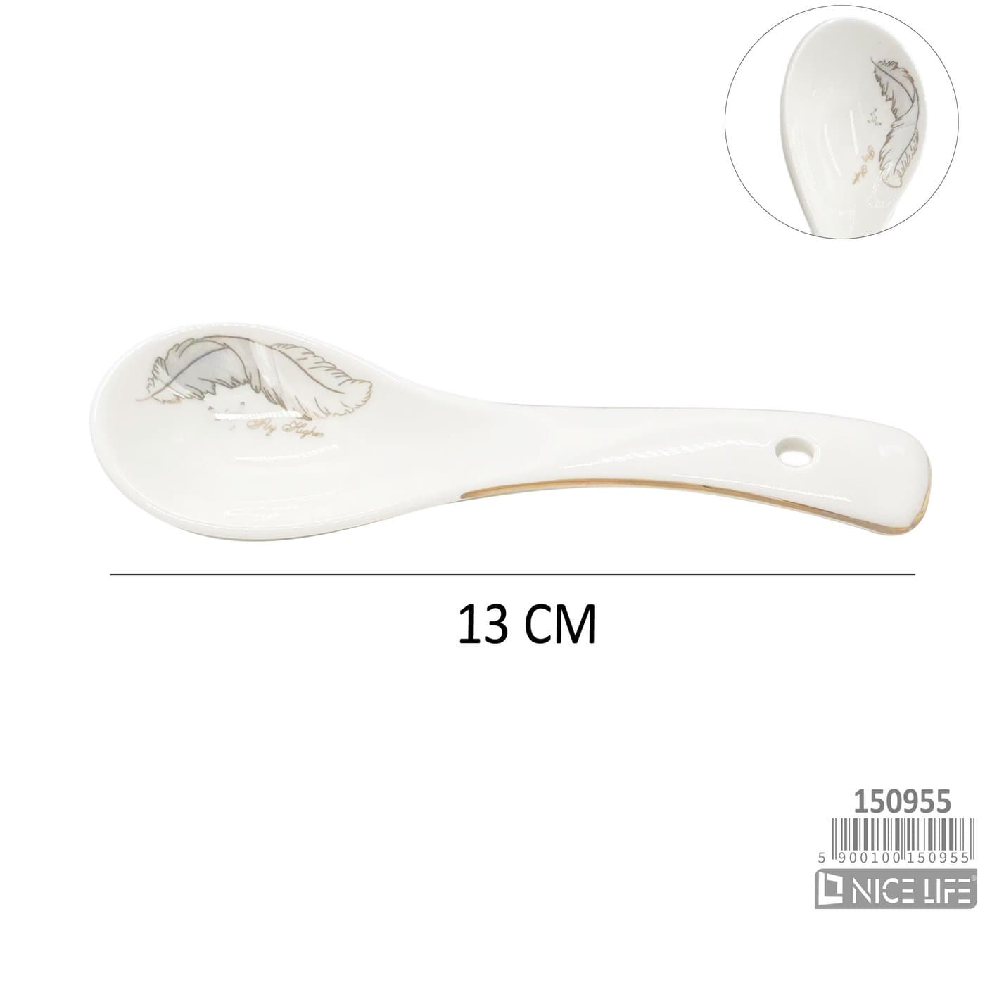 Łyżka ceramiczna biała z motywem pióra i złotą linią