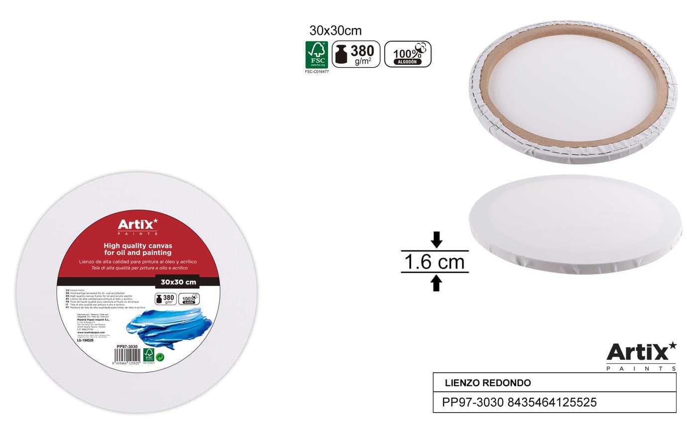 Podobrazie malarskie okrągłe białe 30 × 30 × 1,6 380 g/m²