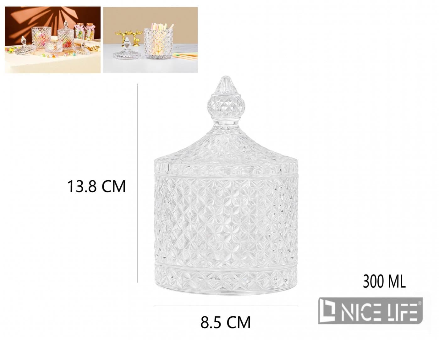 Cukiernica szklana cylindryczna z diamentowym tłoczeniem